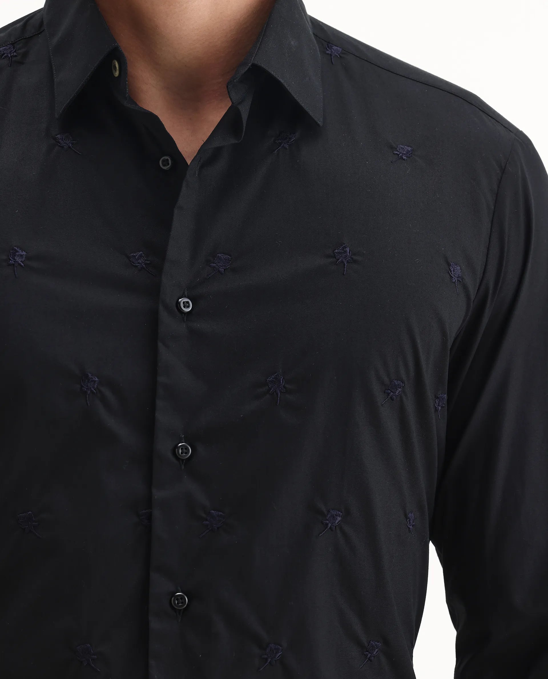 Rare Rabbit Men's Roser Black Cotton Embroidered Regular Fit Full Sleeve Collared Shirt