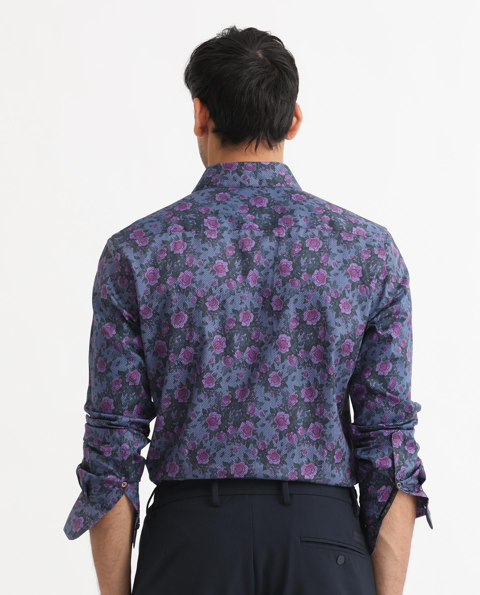 Rare Rabbit Men's Rosess Blue Twill Fabric Floral Print Full Sleeves Shirt