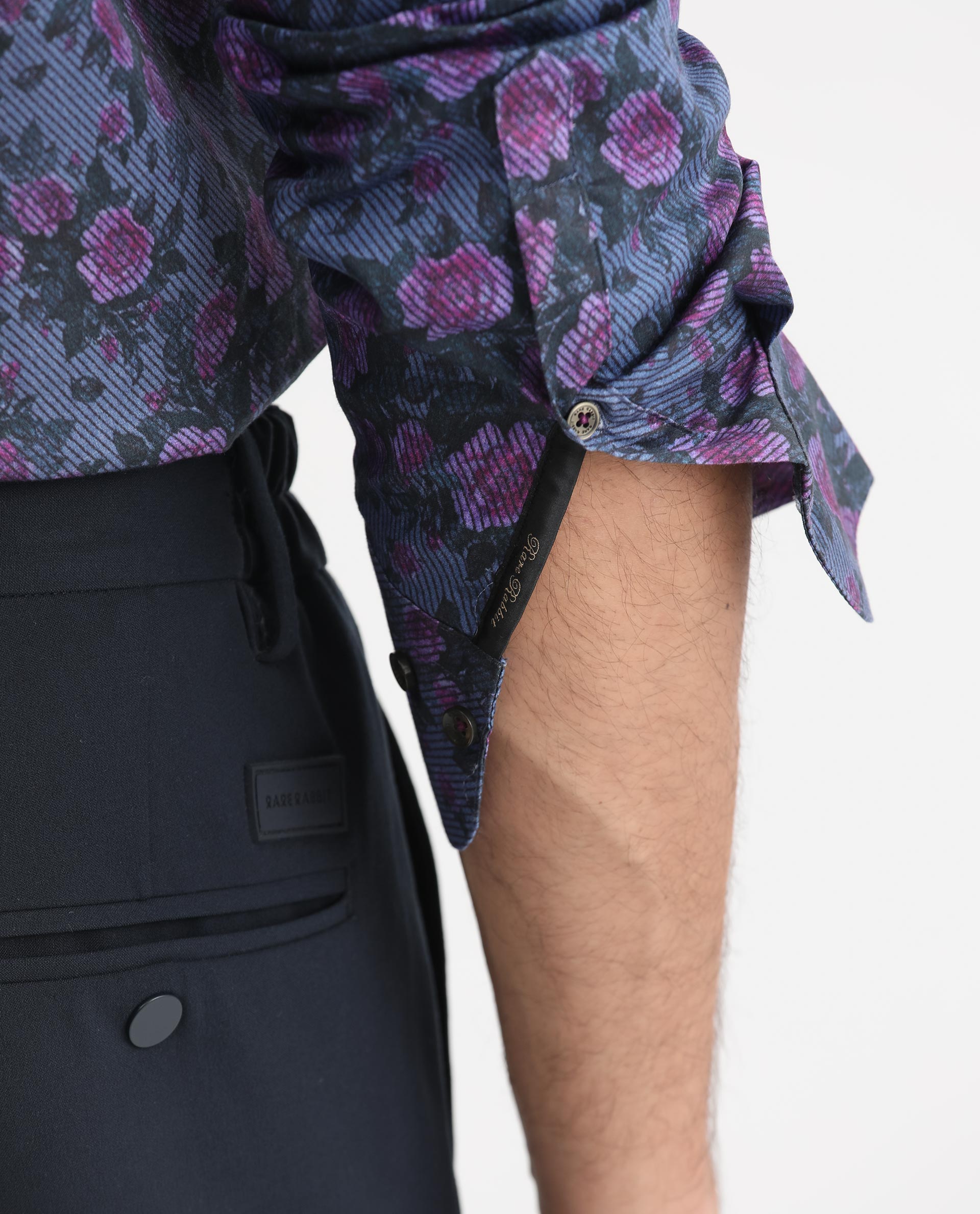 Rare Rabbit Men's Rosess Blue Twill Fabric Floral Print Full Sleeves Shirt