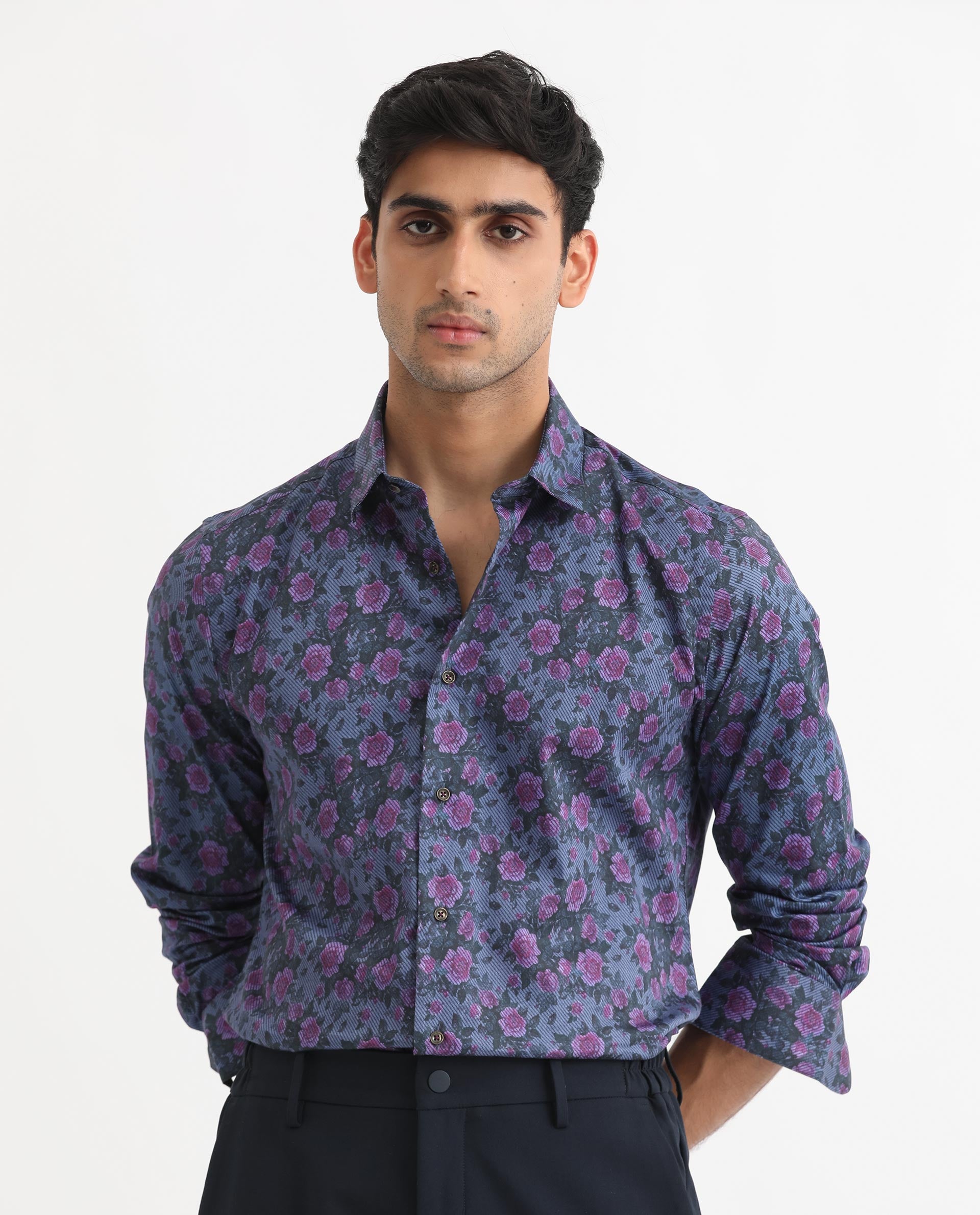 Rare Rabbit Men's Rosess Blue Twill Fabric Floral Print Full Sleeves Shirt