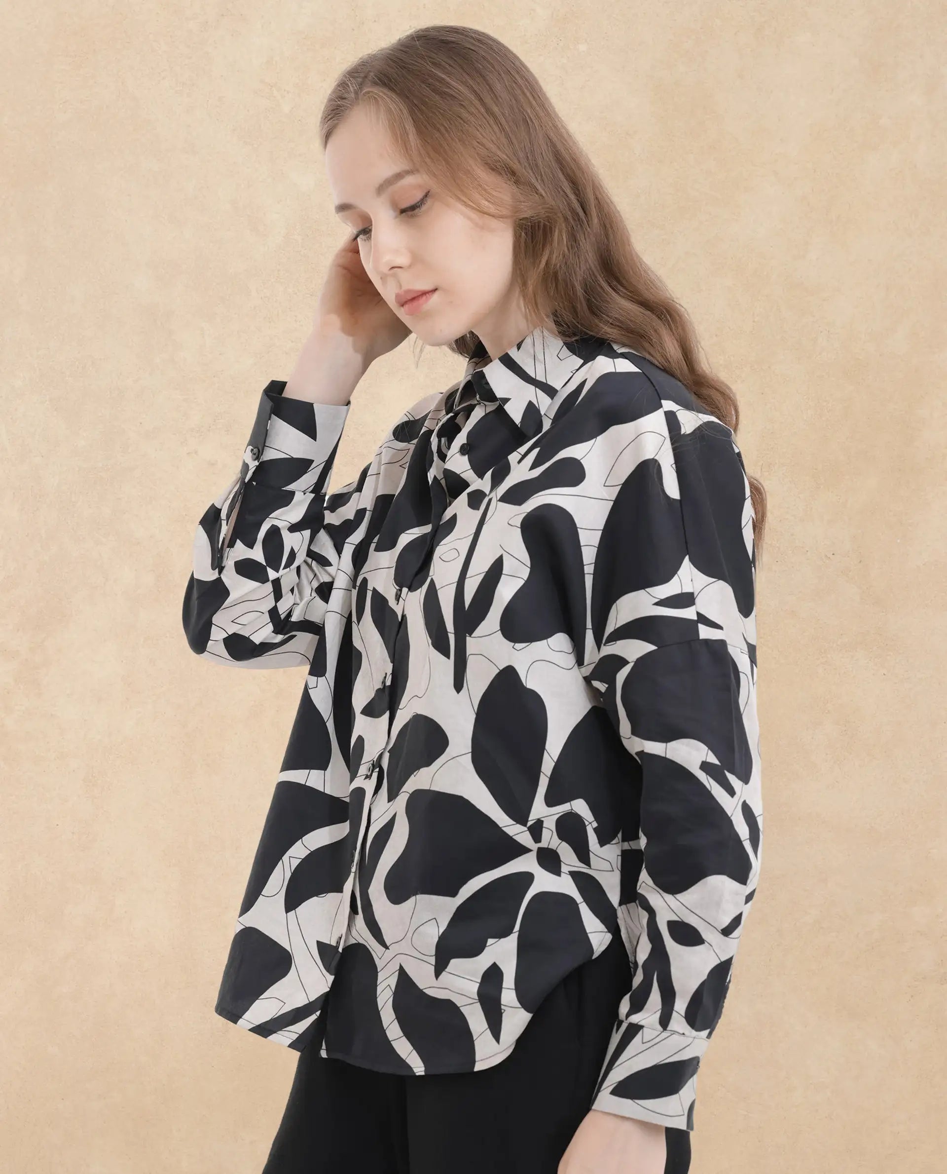 Rareism Women Roshi Black Cotton Fabric Regular Sleeves Collared Neck Boxy Fit Printed Top