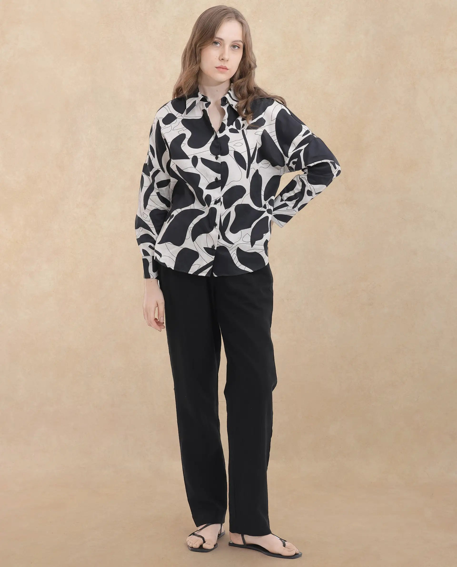 Rareism Women Roshi Black Cotton Fabric Regular Sleeves Collared Neck Boxy Fit Printed Top