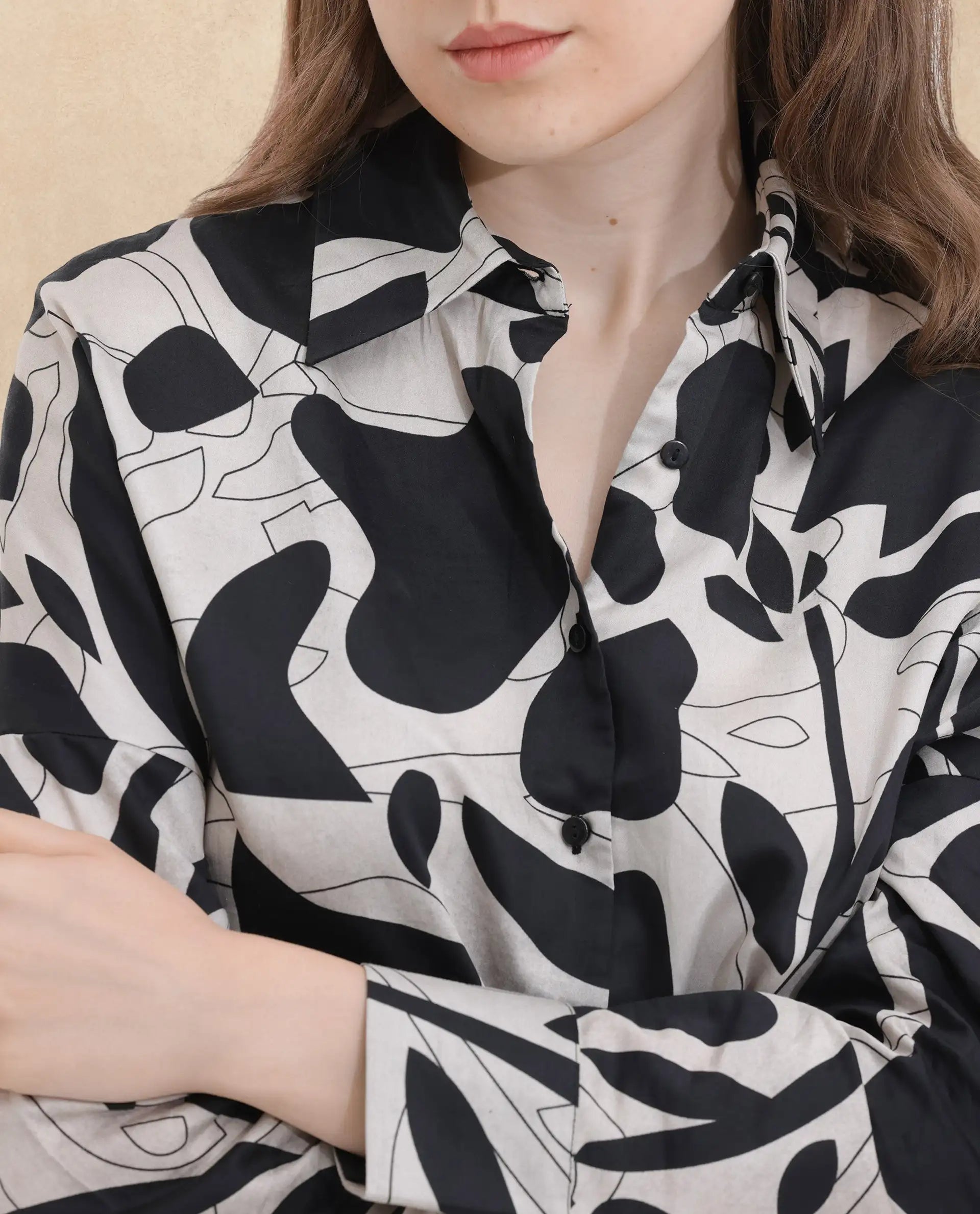 Rareism Women Roshi Black Cotton Fabric Regular Sleeves Collared Neck Boxy Fit Printed Top