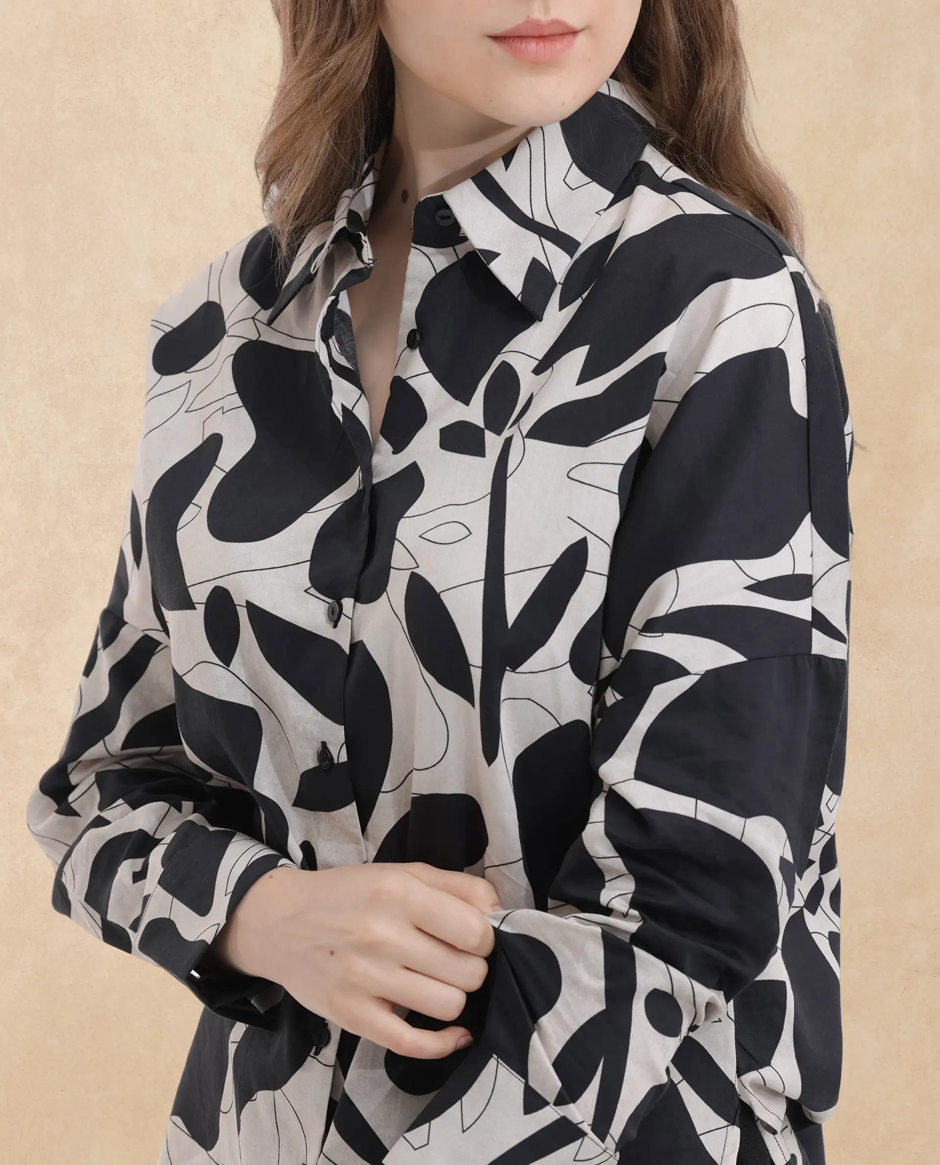 Rareism Women Roshi Black Cotton Fabric Regular Sleeves Collared Neck Boxy Fit Printed Top