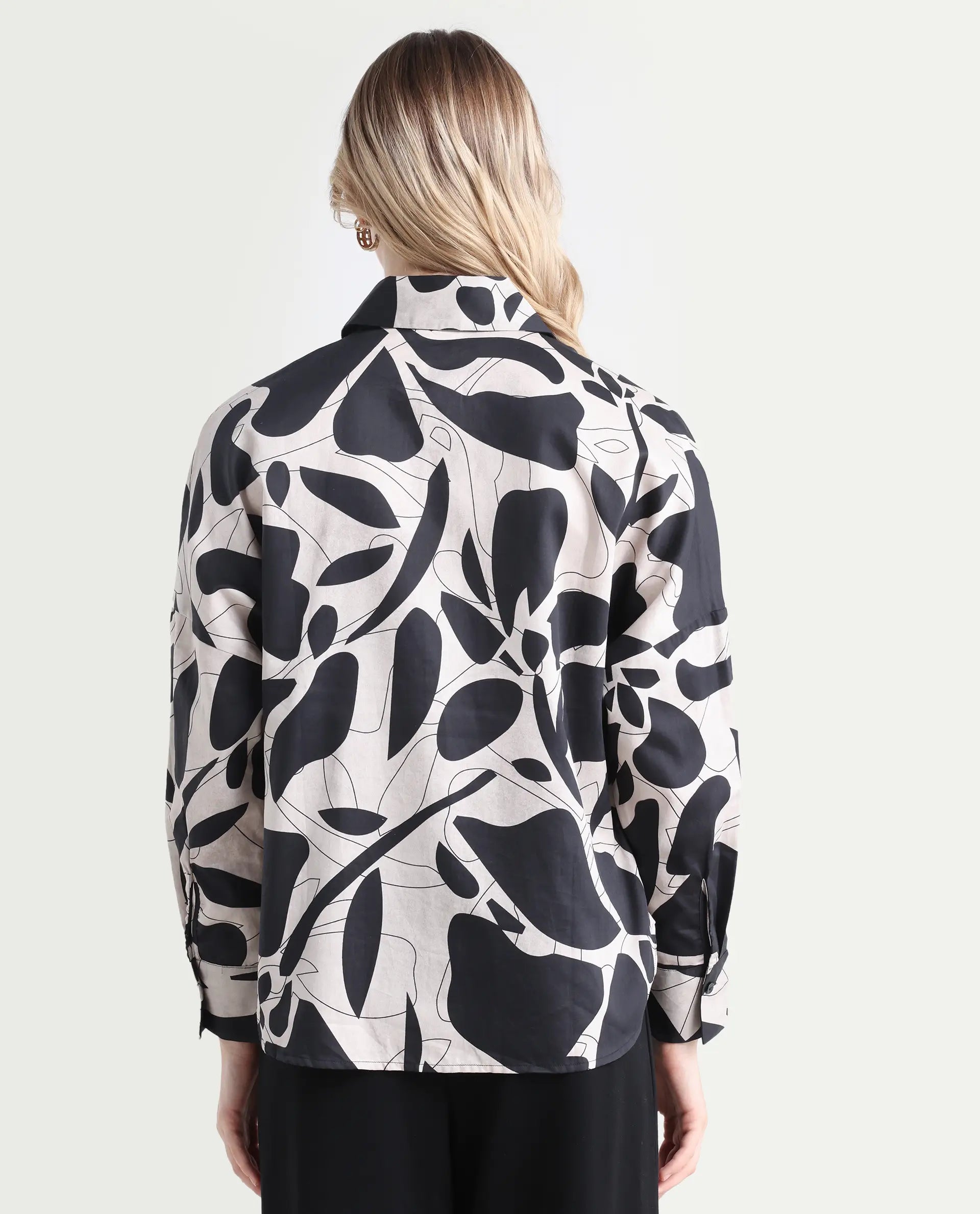 Rareism Women's Spread Collar Floral Print Cuffed Sleeve Relaxed Fit Top