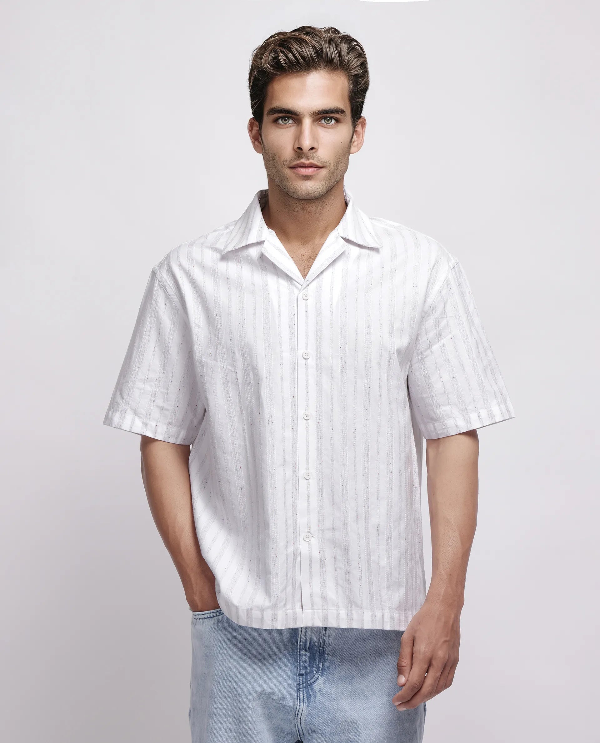 Rare Rabbit Men's Roshi White Cotton Striped Print Relaxed Fit Half Sleeve Cuban Collar Shirt