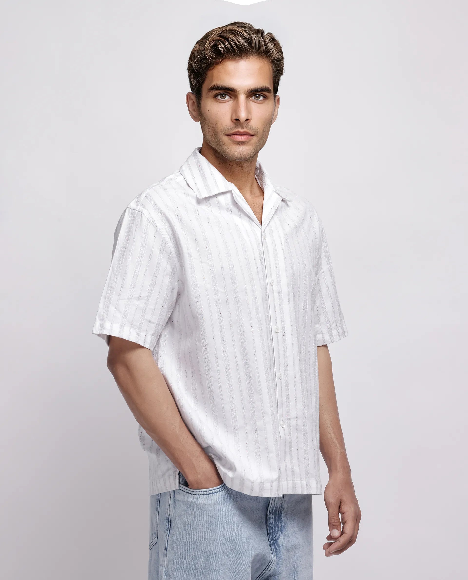 Rare Rabbit Men's Roshi White Cotton Striped Print Relaxed Fit Half Sleeve Cuban Collar Shirt