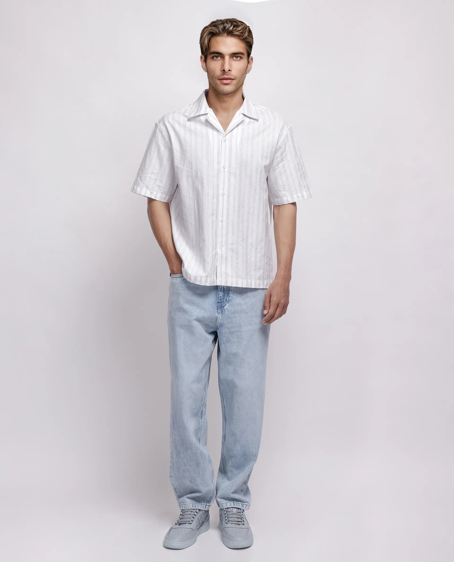 Rare Rabbit Men's Roshi White Cotton Striped Print Relaxed Fit Half Sleeve Cuban Collar Shirt