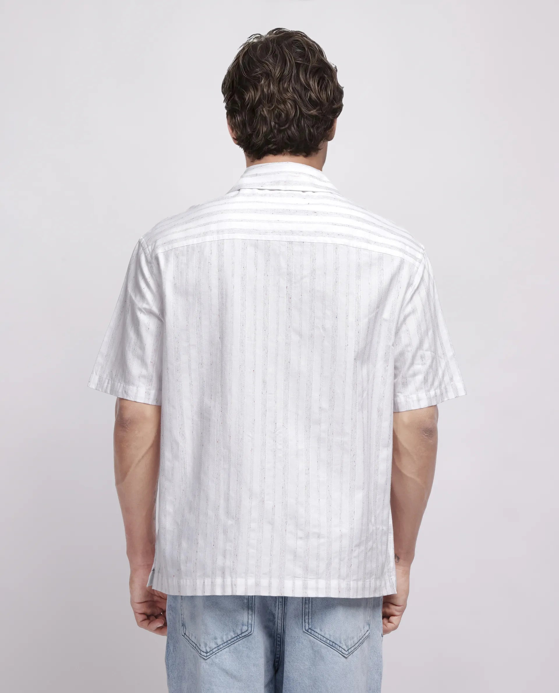 Rare Rabbit Men's Roshi White Cotton Striped Print Relaxed Fit Half Sleeve Cuban Collar Shirt