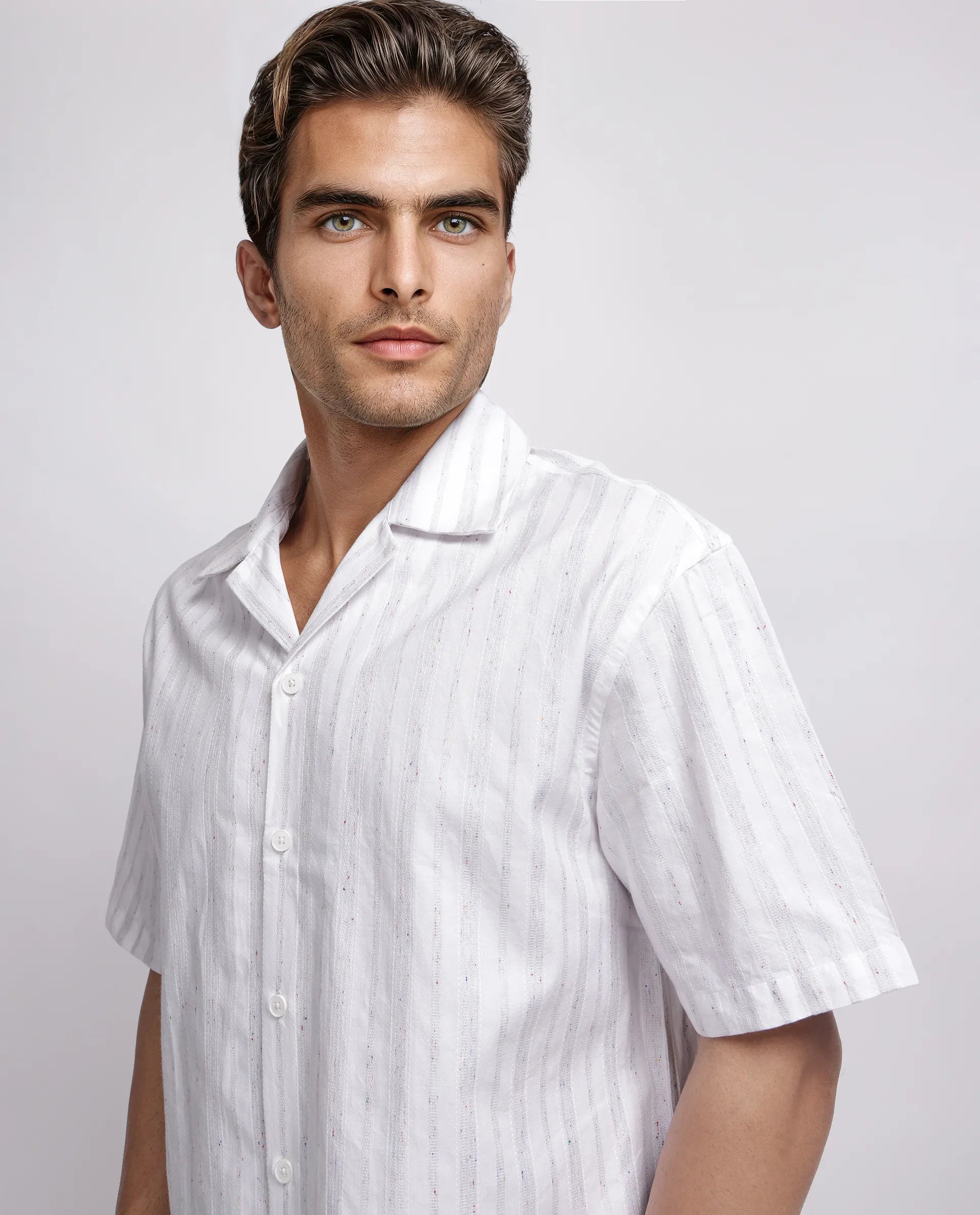 Rare Rabbit Men's Roshi White Cotton Striped Print Relaxed Fit Half Sleeve Cuban Collar Shirt