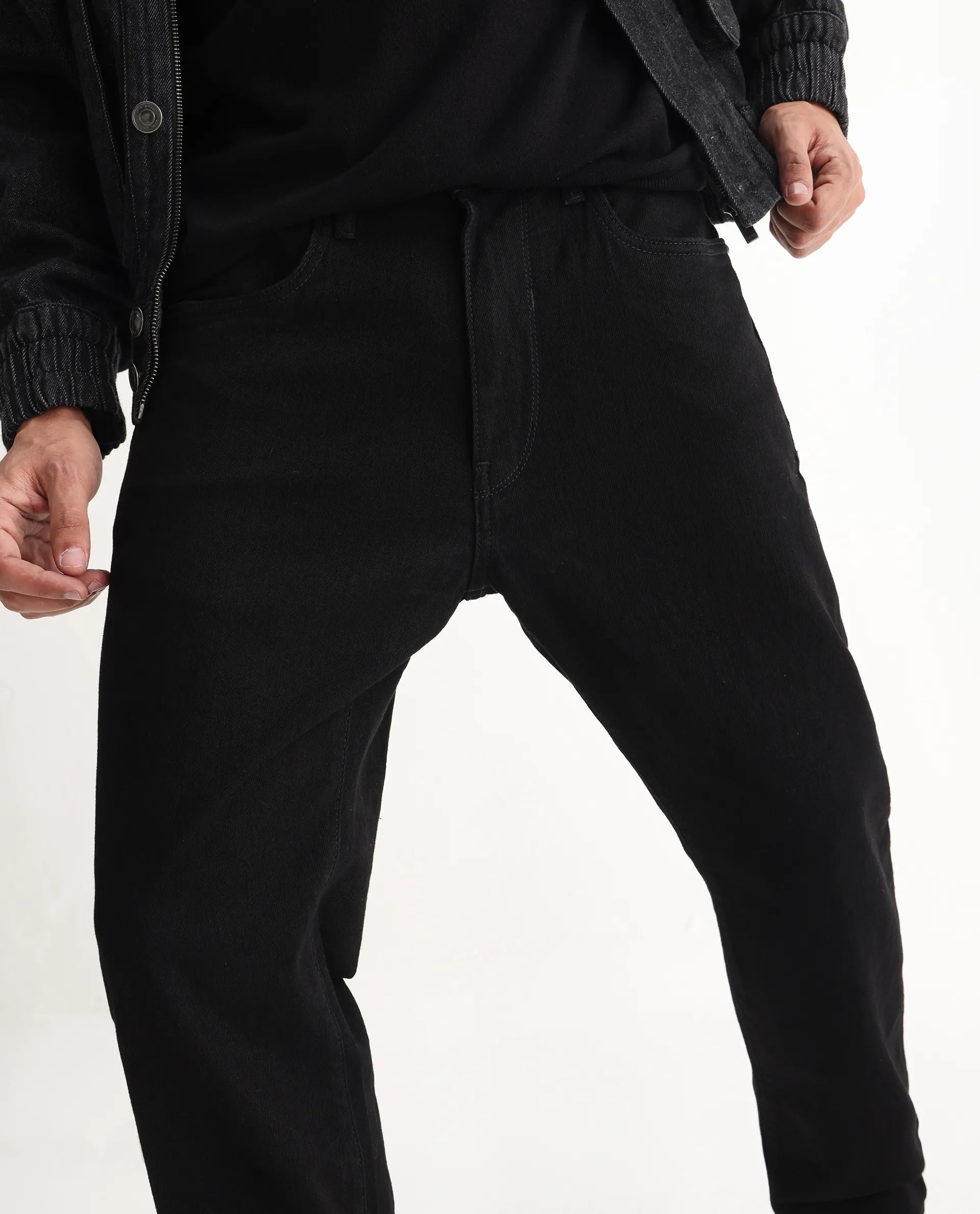 Rare Rabbit Men's Rosic Black Cotton Plain Morris Regular Fit Jeans