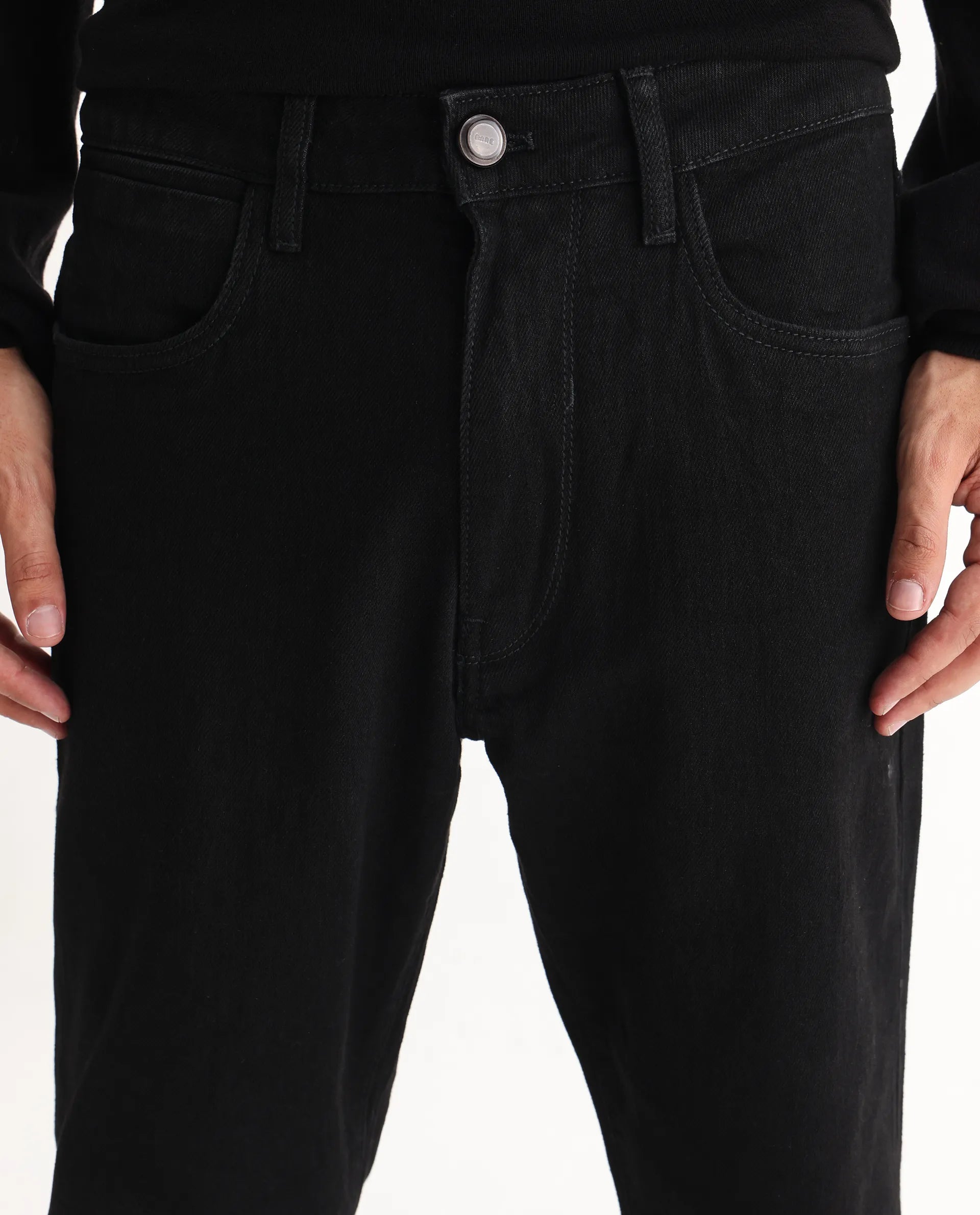 Rare Rabbit Men's Rosic Black Cotton Plain Morris Regular Fit Jeans