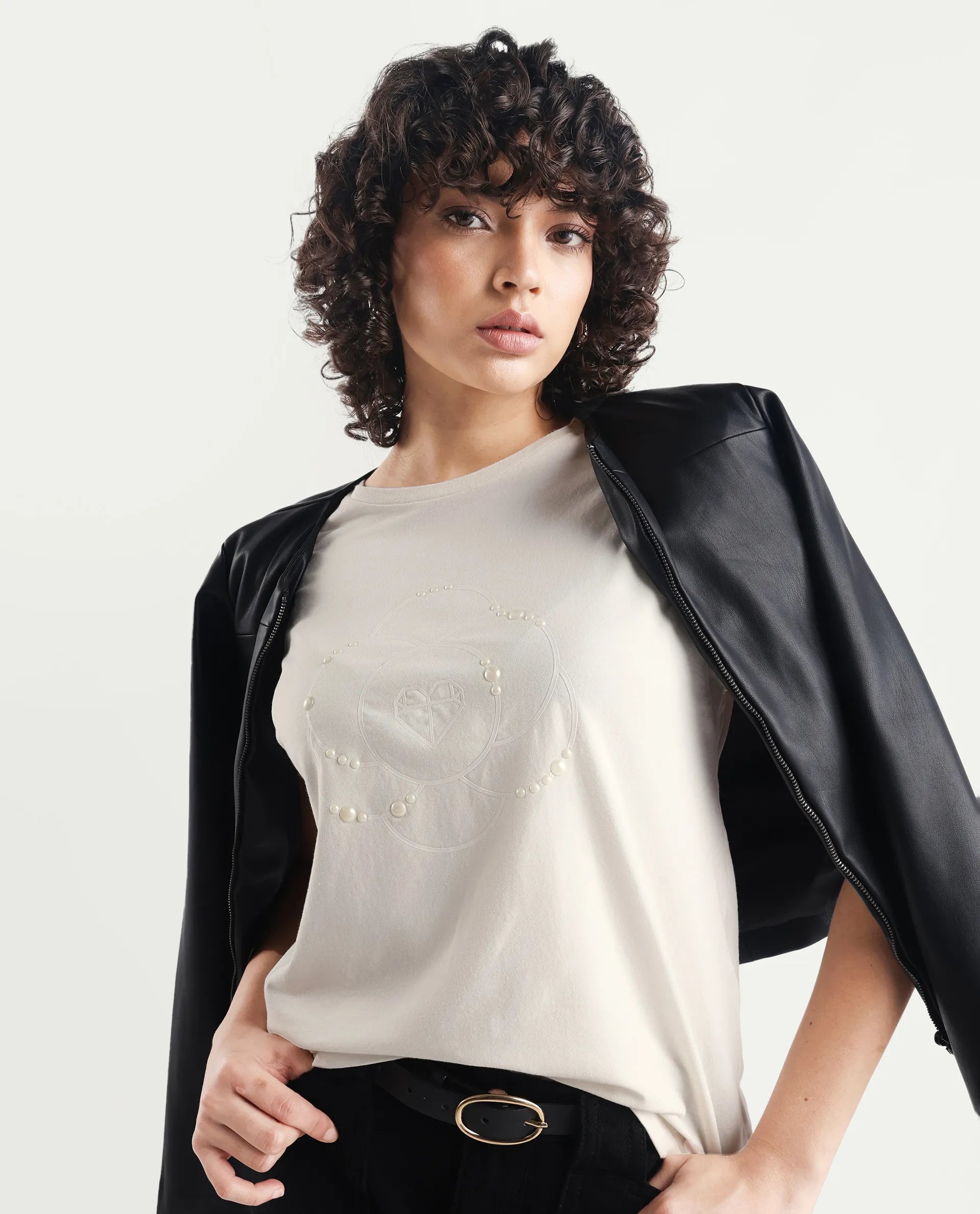 Rareism Women's Rosi Off White Cotton Blend Crew Neck Graphic Print Extended Sleeves Relaxed Fit T-Shirt