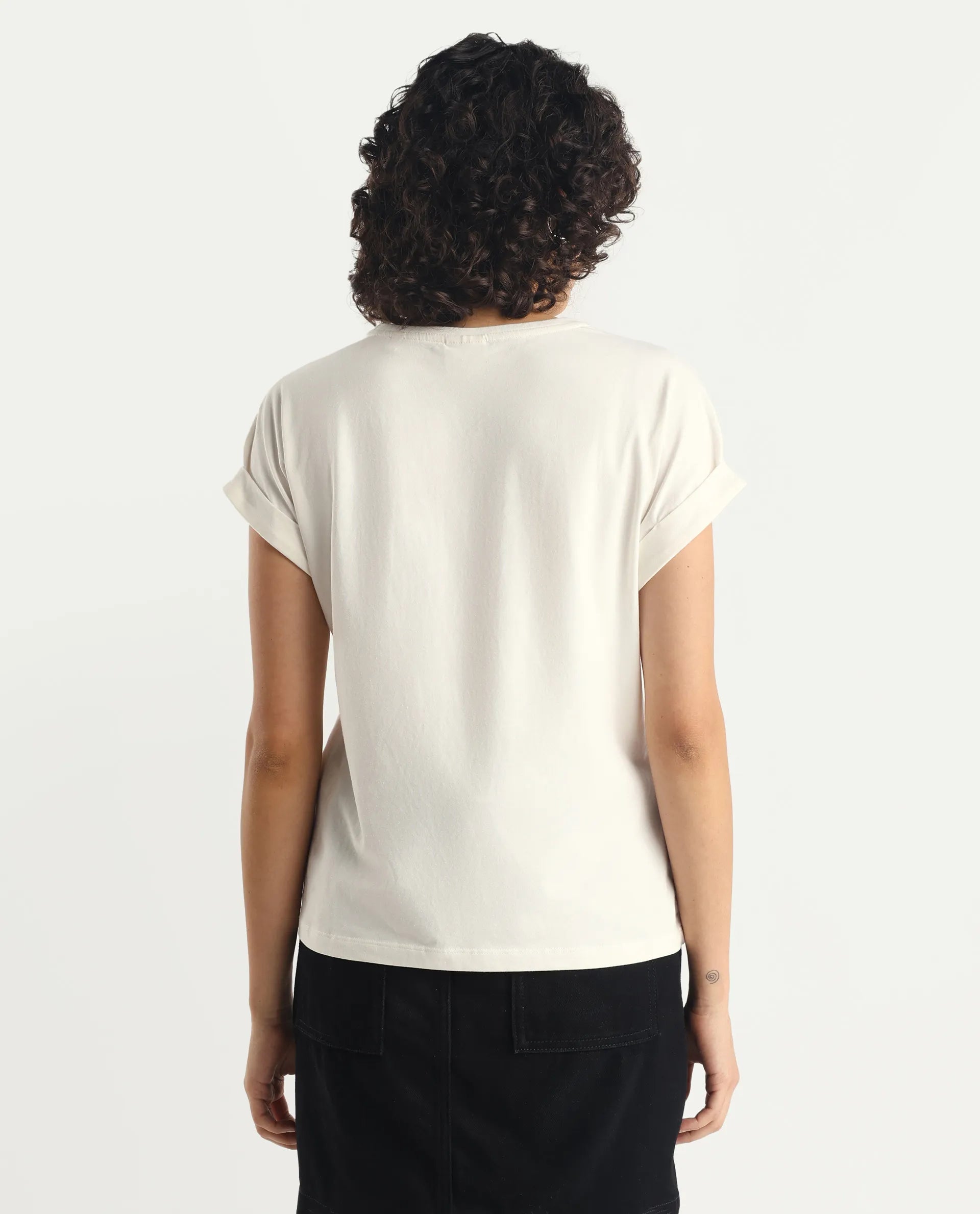 Rareism Women's Rosi Off White Cotton Blend Crew Neck Graphic Print Extended Sleeves Relaxed Fit T-Shirt