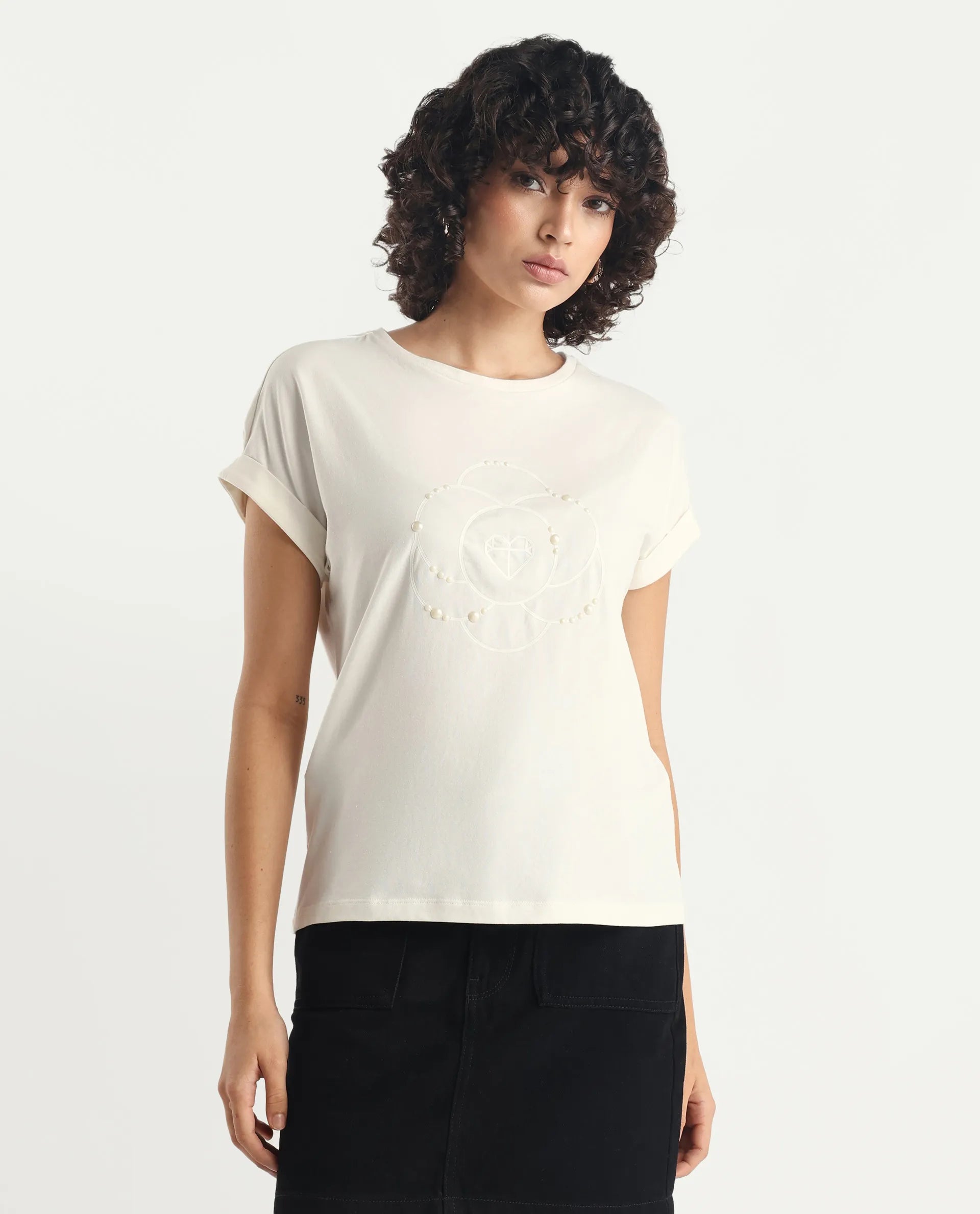 Rareism Women's Rosi Off White Cotton Blend Crew Neck Graphic Print Extended Sleeves Relaxed Fit T-Shirt