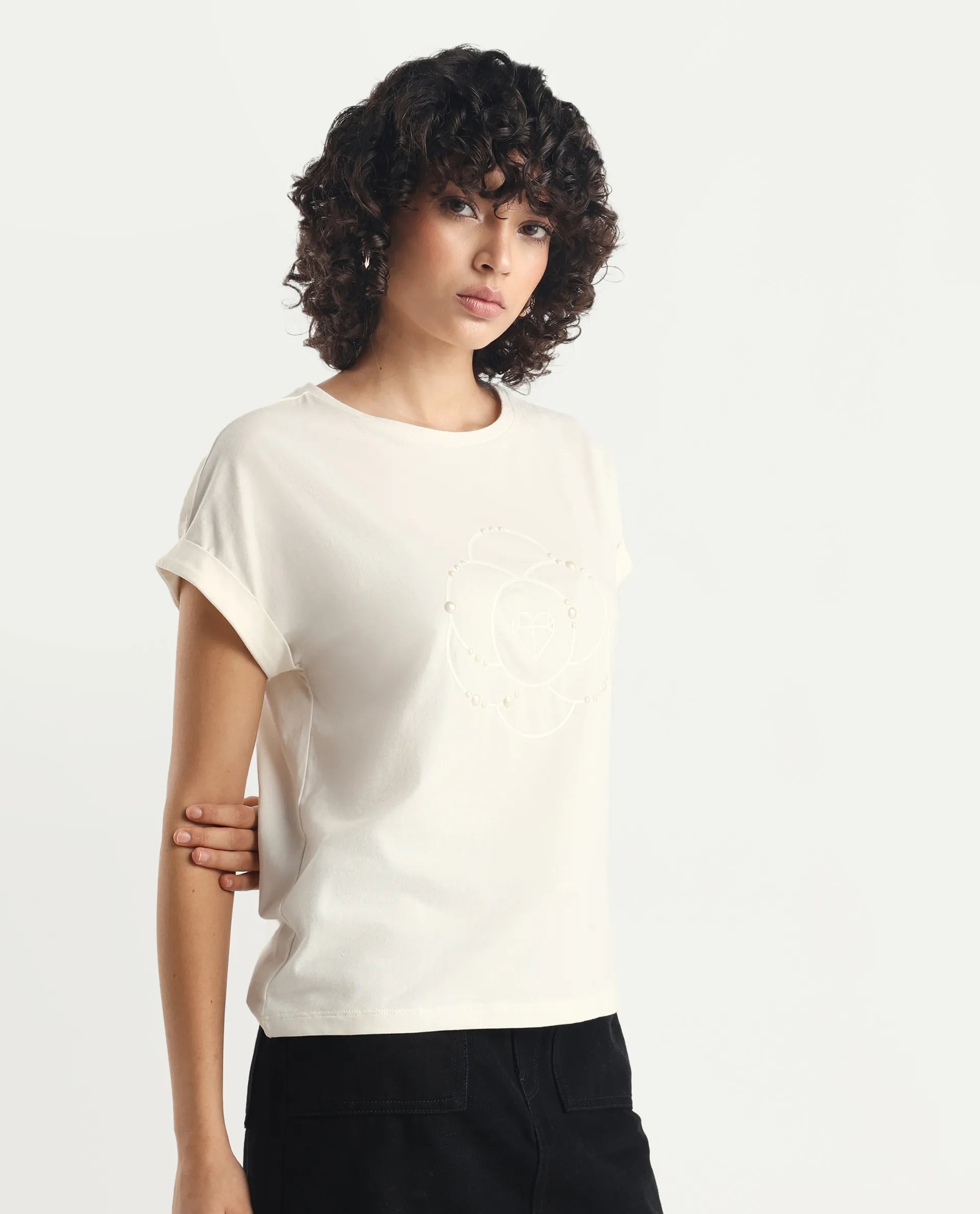 Rareism Women's Rosi Off White Cotton Blend Crew Neck Graphic Print Extended Sleeves Relaxed Fit T-Shirt