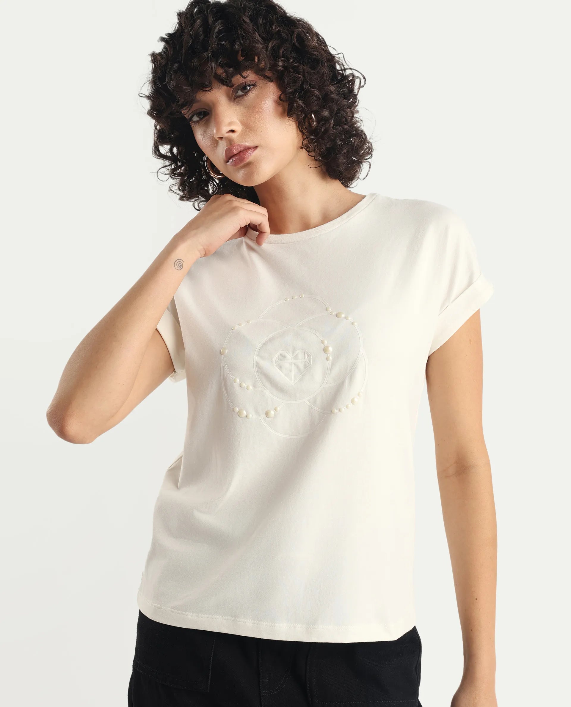 Rareism Women's Rosi Off White Cotton Blend Crew Neck Graphic Print Extended Sleeves Relaxed Fit T-Shirt