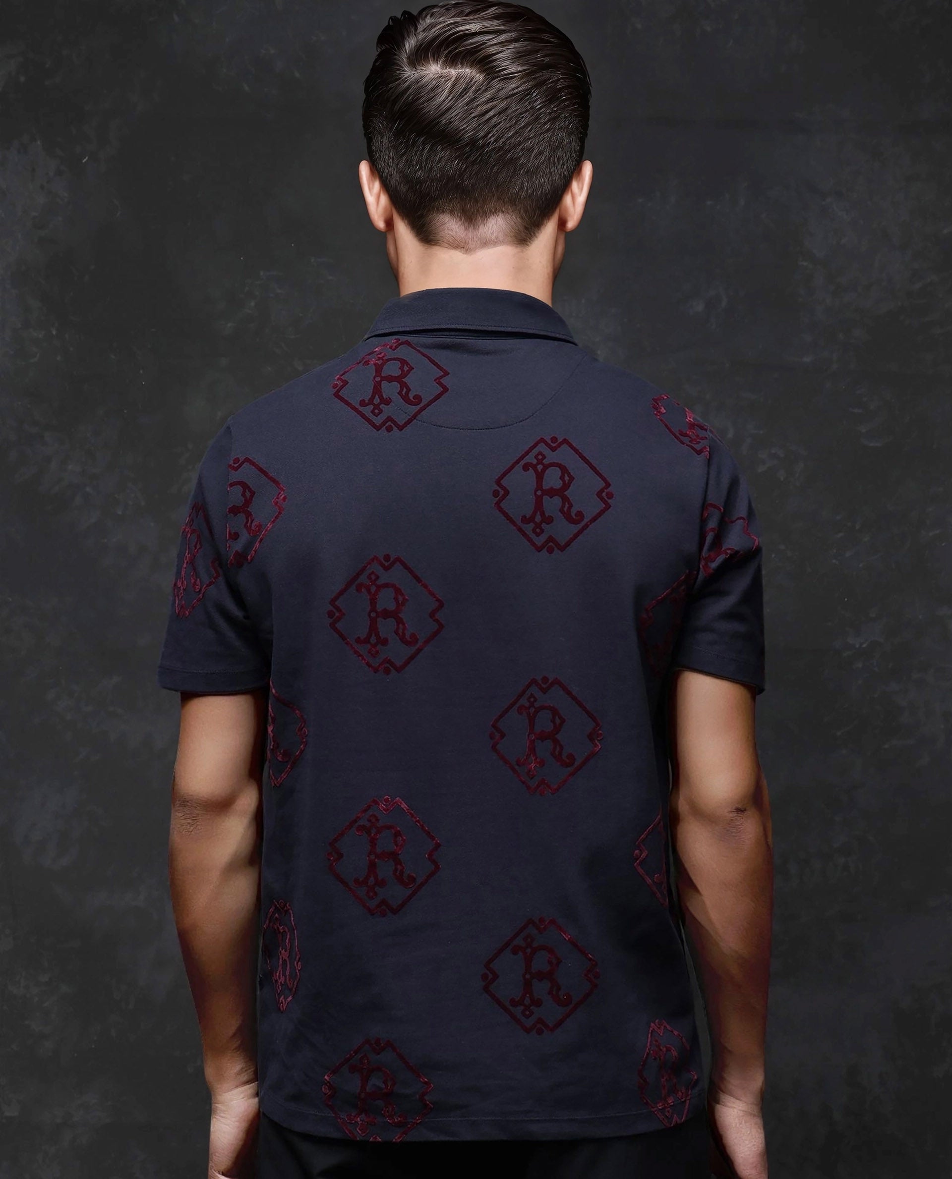 Rare Rabbit Men's Roson Navy Cotton Monogram Print Regular Fit Half Sleeve Polo