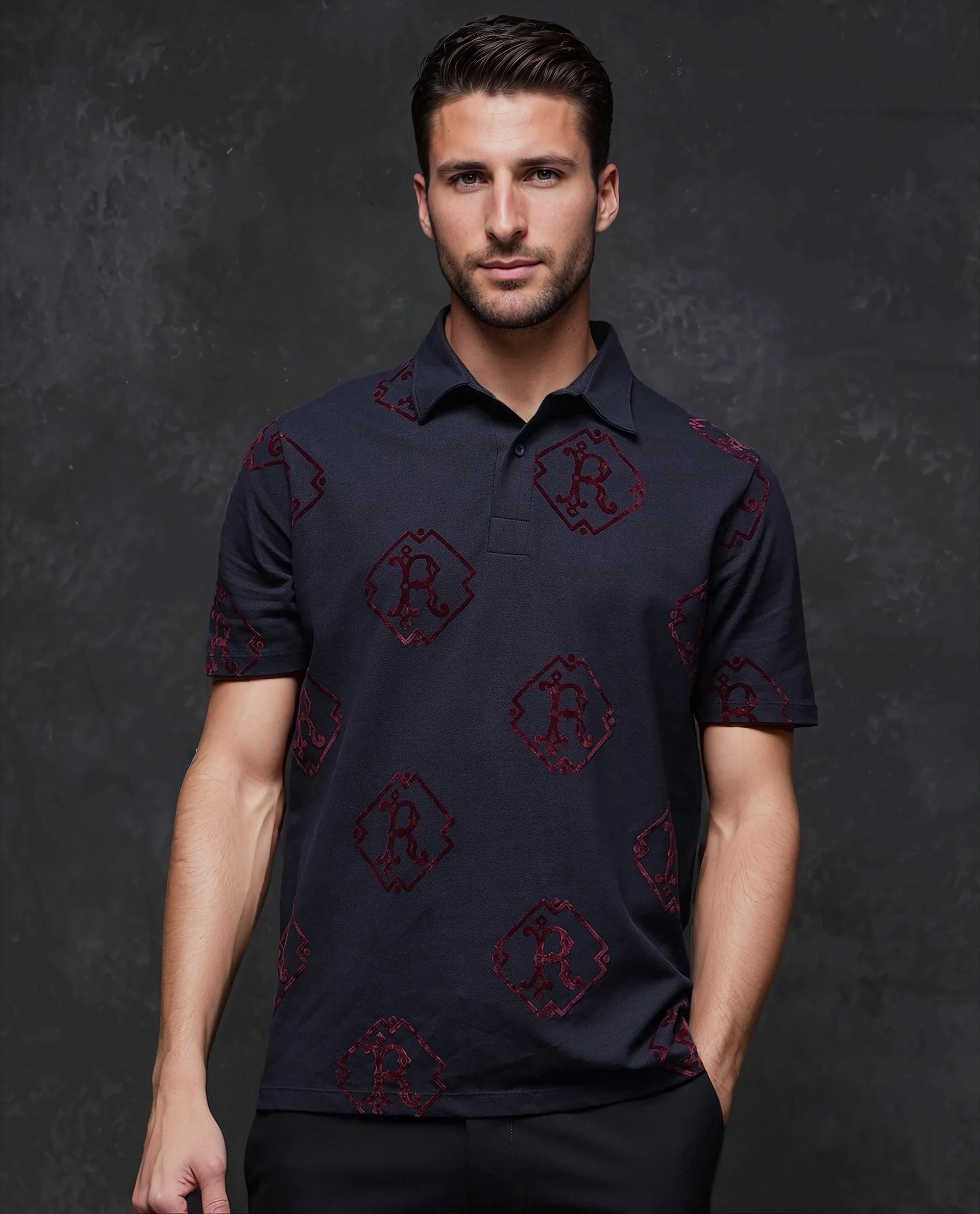 Rare Rabbit Men's Roson Navy Cotton Monogram Print Regular Fit Half Sleeve Polo