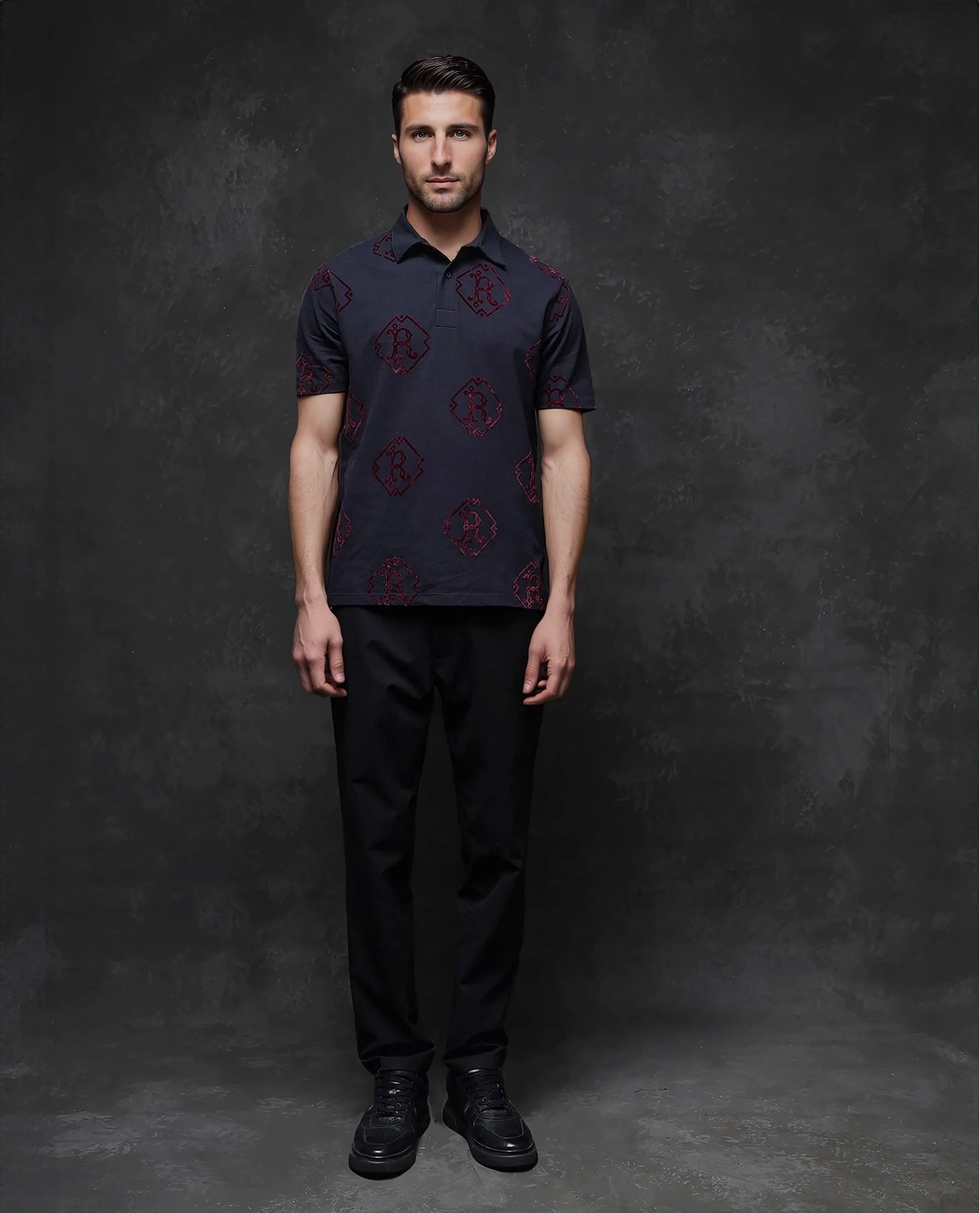 Rare Rabbit Men's Roson Navy Cotton Monogram Print Regular Fit Half Sleeve Polo