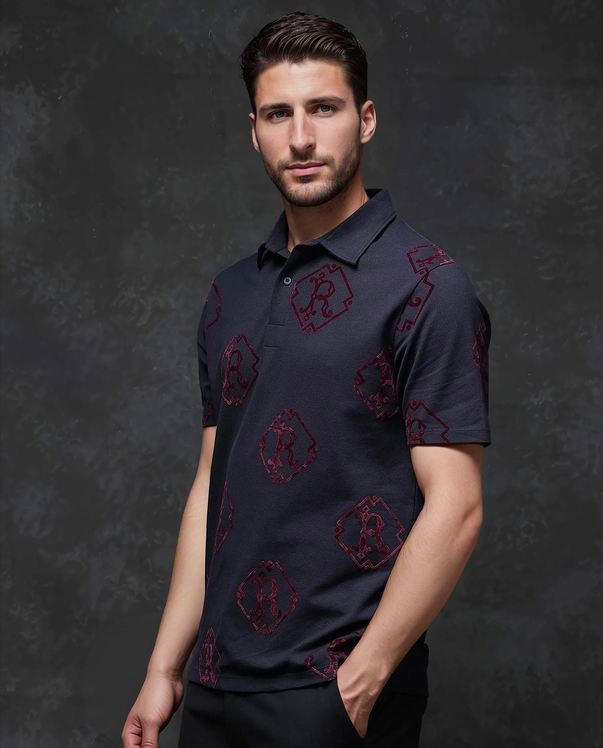 Rare Rabbit Men's Roson Navy Cotton Monogram Print Regular Fit Half Sleeve Polo