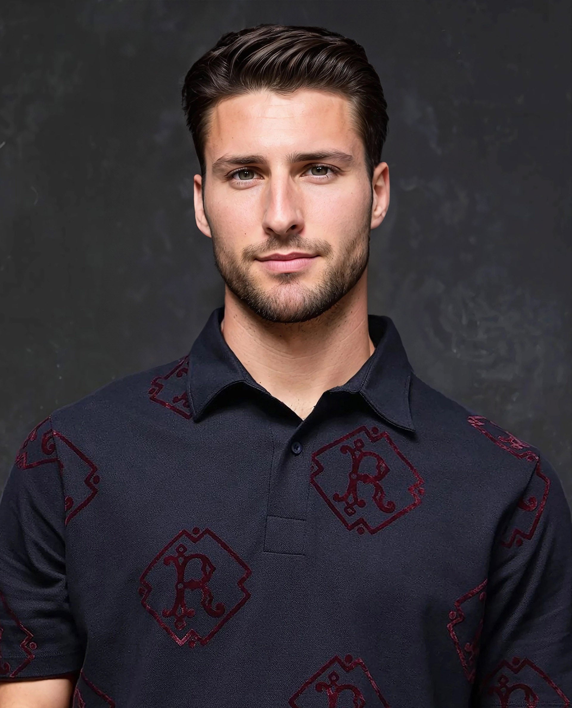 Rare Rabbit Men's Roson Navy Cotton Monogram Print Regular Fit Half Sleeve Polo