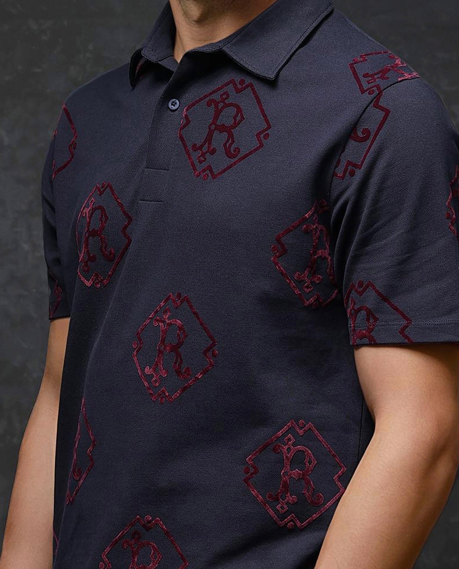 Rare Rabbit Men's Roson Navy Cotton Monogram Print Regular Fit Half Sleeve Polo