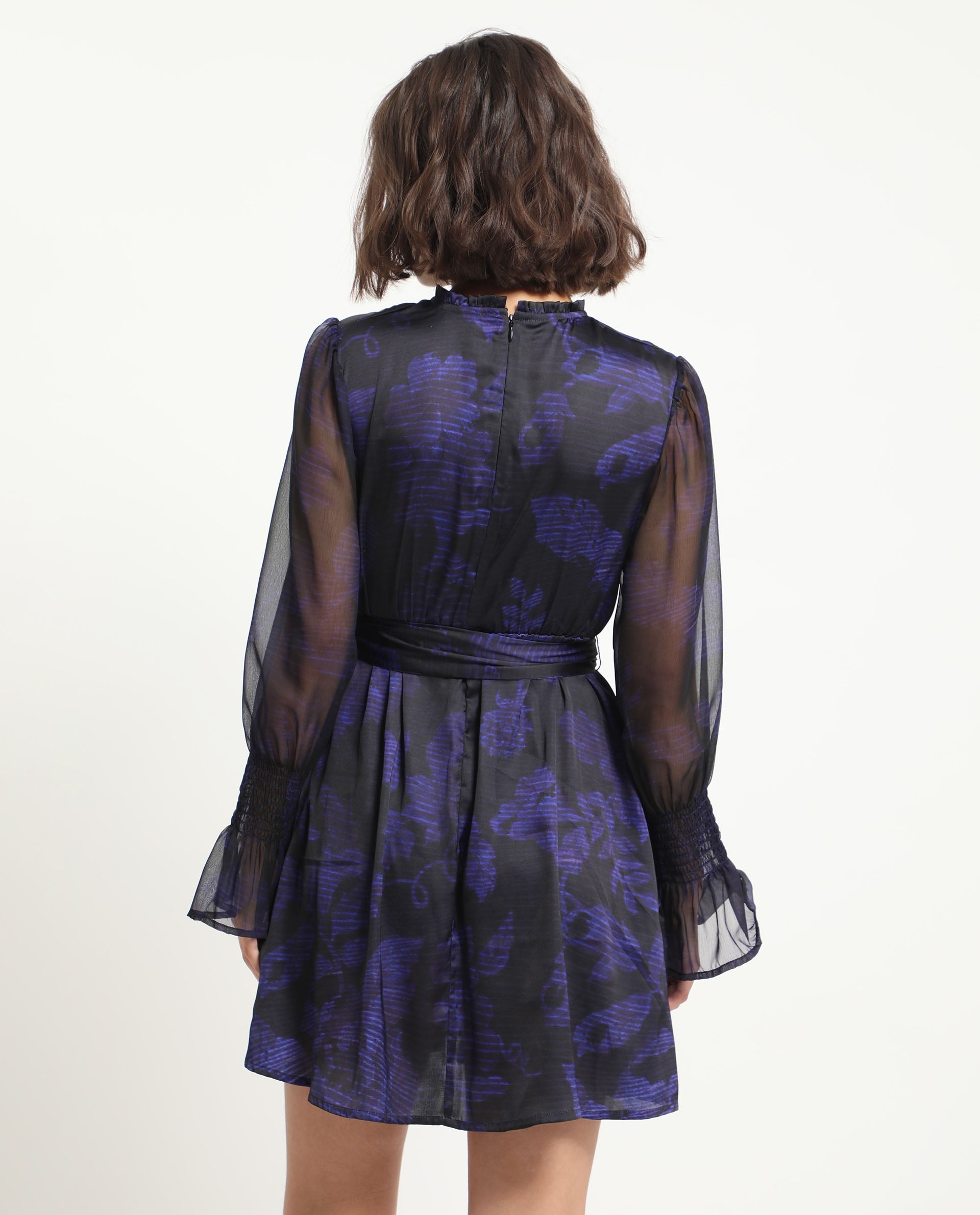 Rareism Women Rossel Dark Navy Polyester Fabric Full Sleeves High Neck Balloon Sleeve Regular Fit Abstract Print Short Empire Dress