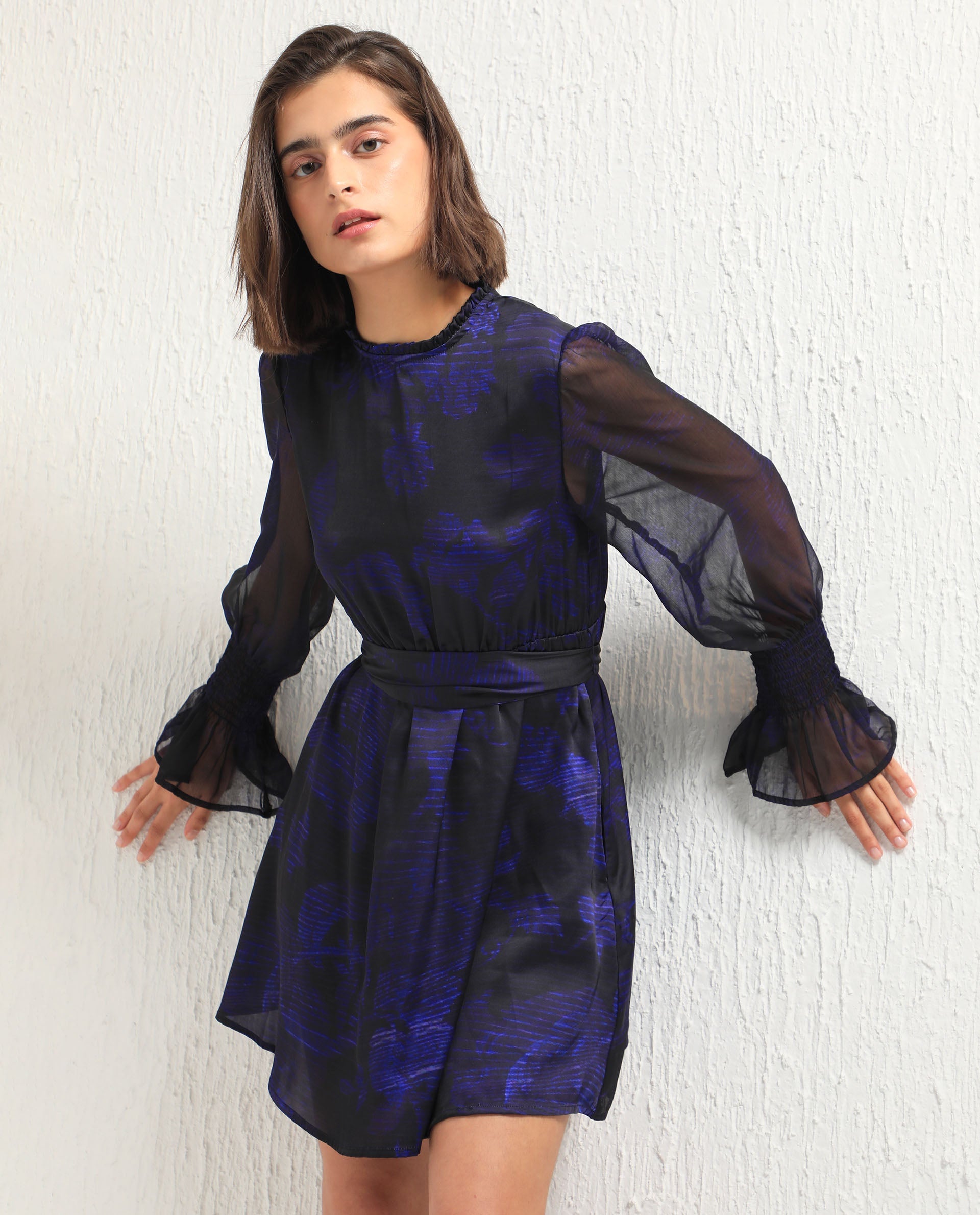 Rareism Women Rossel Dark Navy Polyester Fabric Full Sleeves High Neck Balloon Sleeve Regular Fit Abstract Print Short Empire Dress