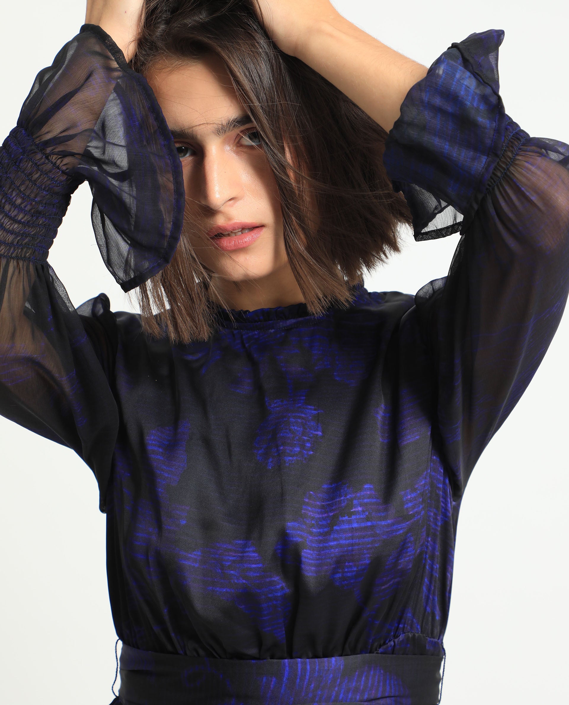 Rareism Women Rossel Dark Navy Polyester Fabric Full Sleeves High Neck Balloon Sleeve Regular Fit Abstract Print Short Empire Dress