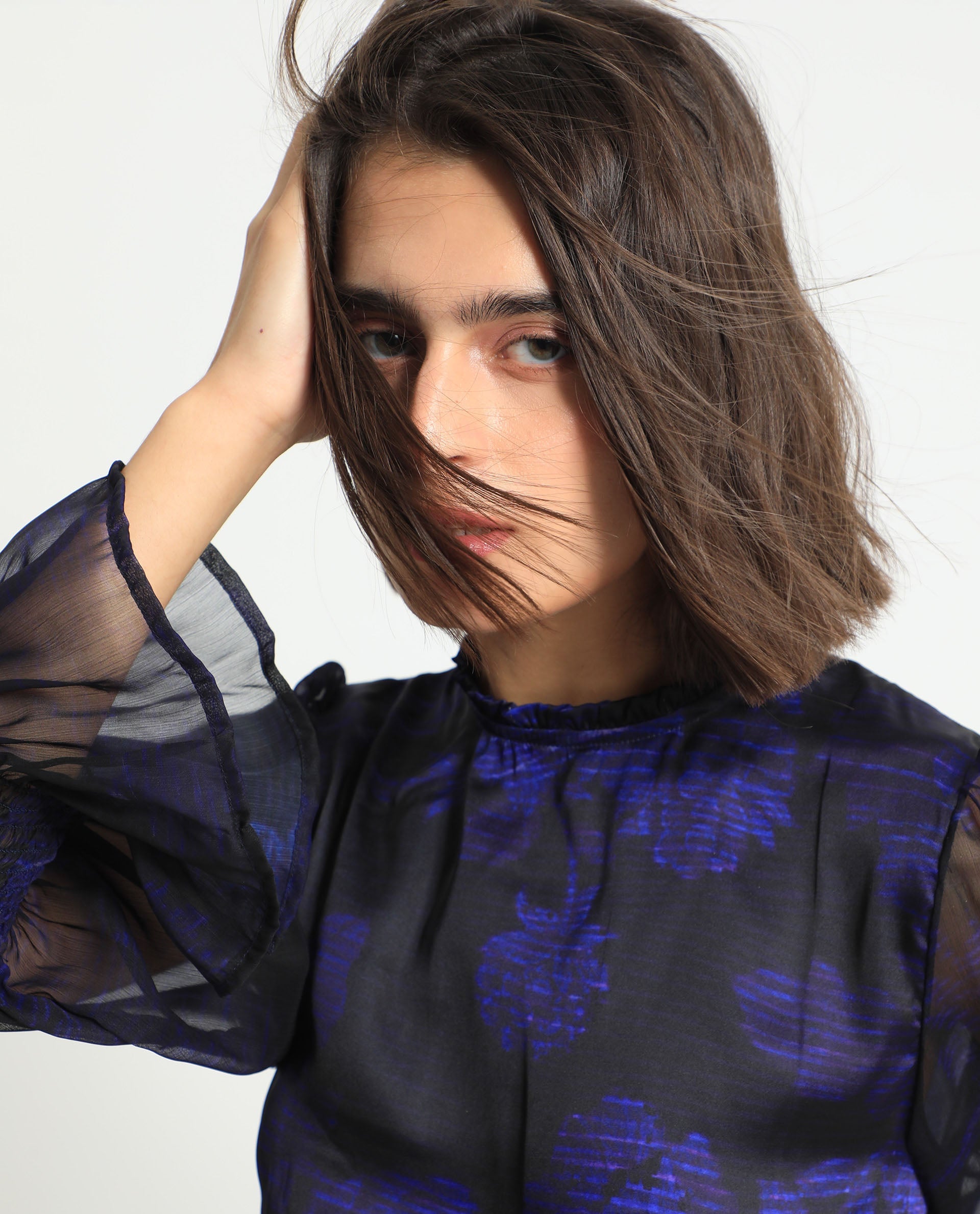 Rareism Women Rossel Dark Navy Polyester Fabric Full Sleeves High Neck Balloon Sleeve Regular Fit Abstract Print Short Empire Dress