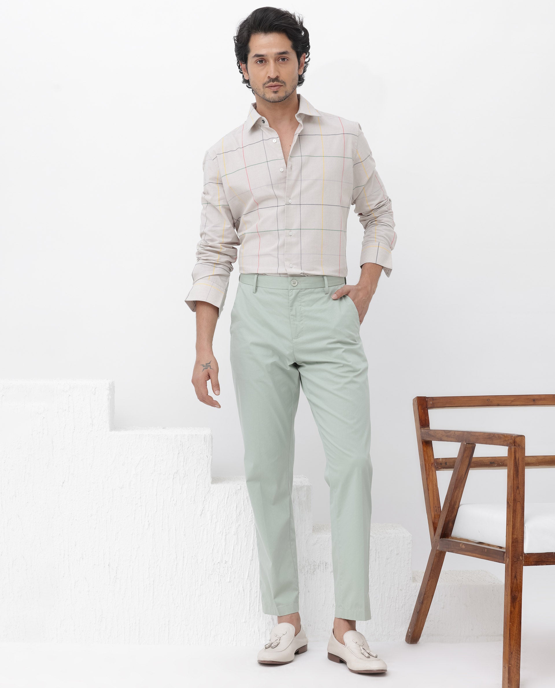 Rare Rabbit Mens Roswe Beige Full Sleeve Checks Print Cotton Blend Fabric Shirt