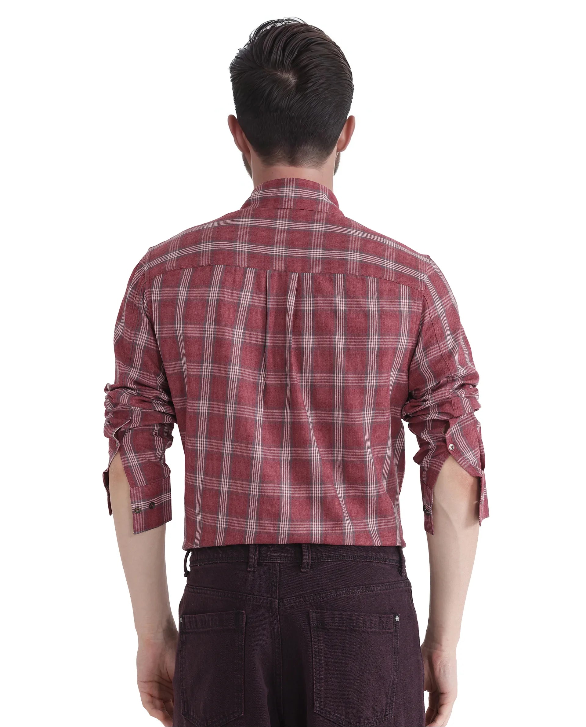 Rare Rabbit Men's Rosy Dark Pink Cotton Fabric Full Sleeve Collared Neck Checks Shirt