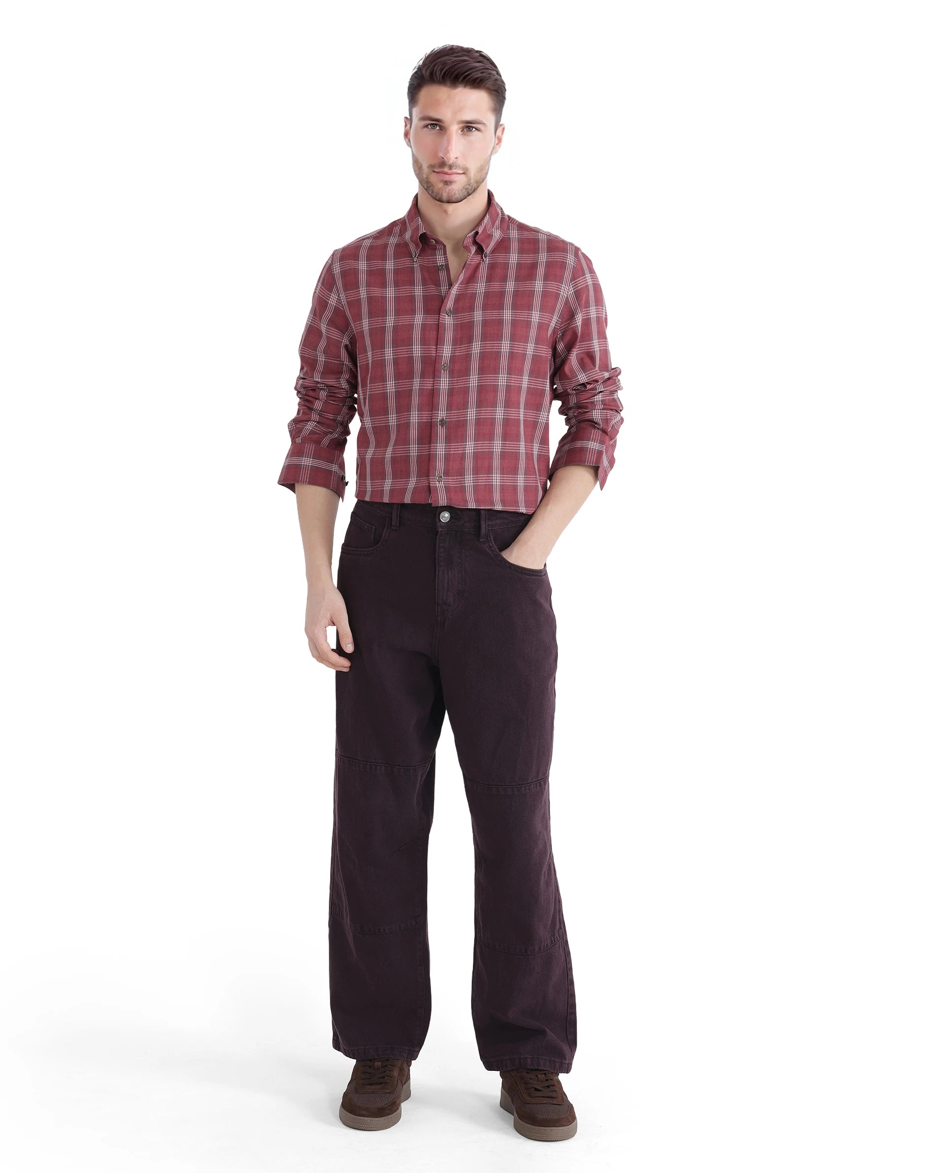 Rare Rabbit Men's Rosy Dark Pink Cotton Fabric Full Sleeve Collared Neck Checks Shirt