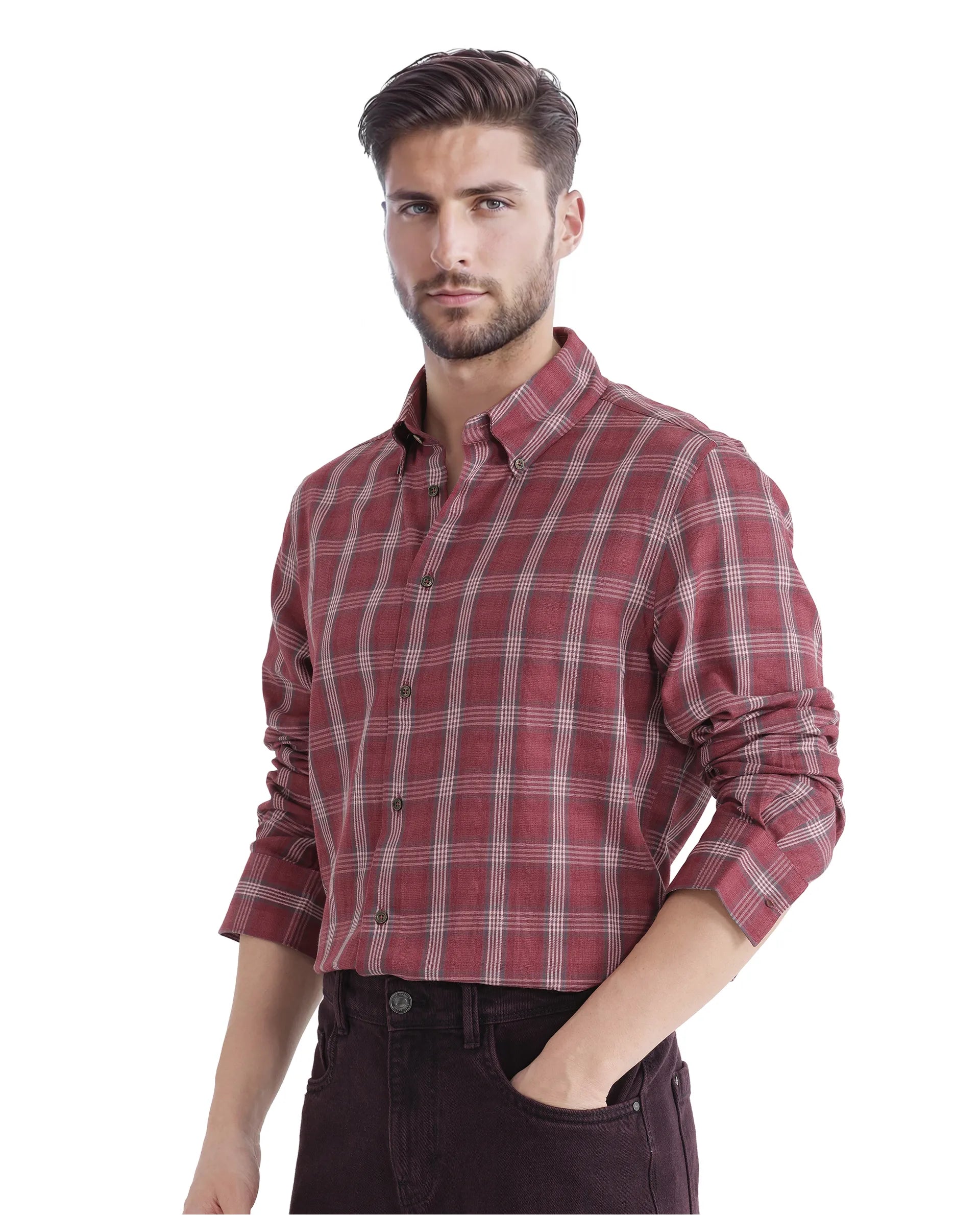 Rare Rabbit Men's Rosy Dark Pink Cotton Fabric Full Sleeve Collared Neck Checks Shirt