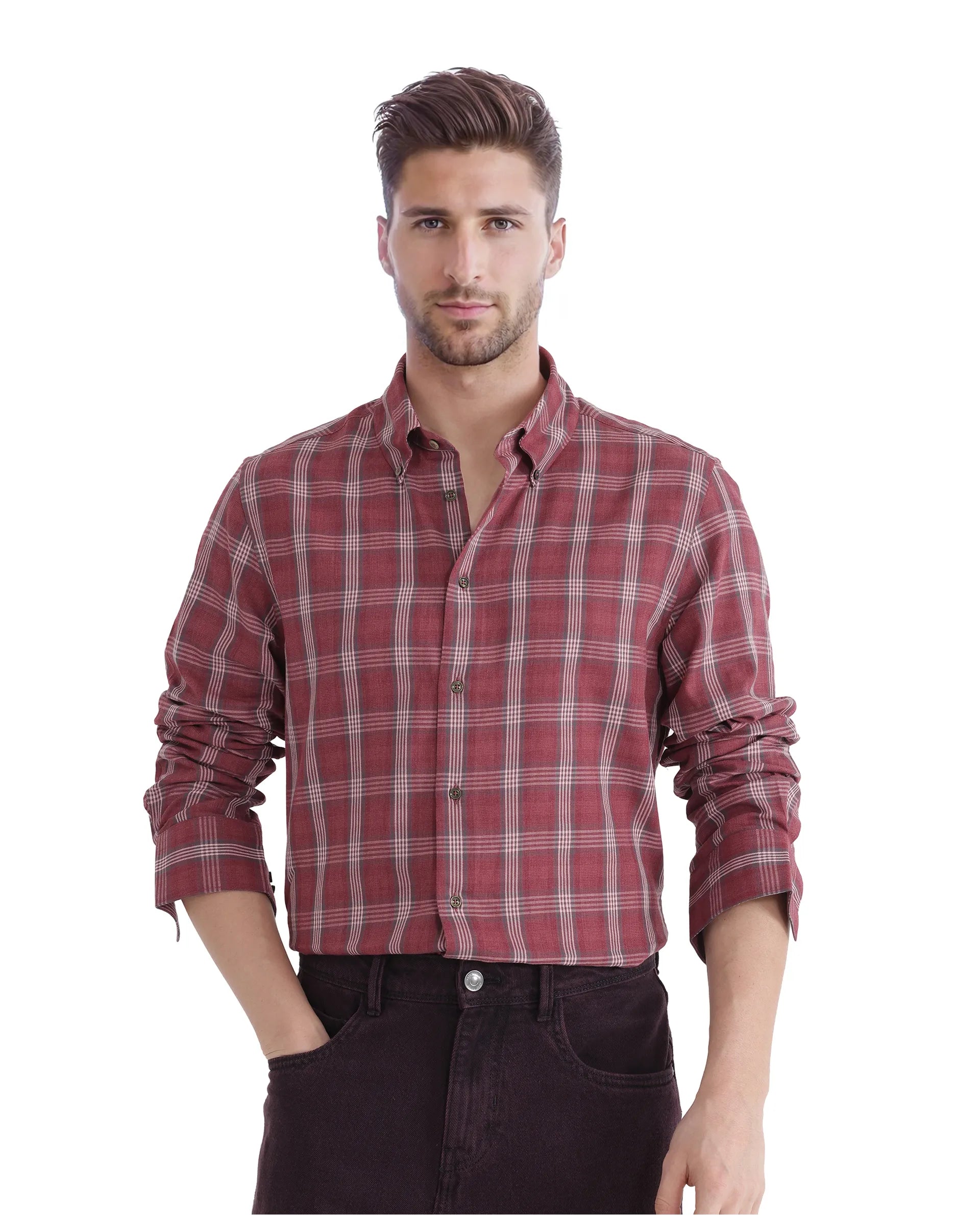 Rare Rabbit Men's Rosy Dark Pink Cotton Fabric Full Sleeve Collared Neck Checks Shirt