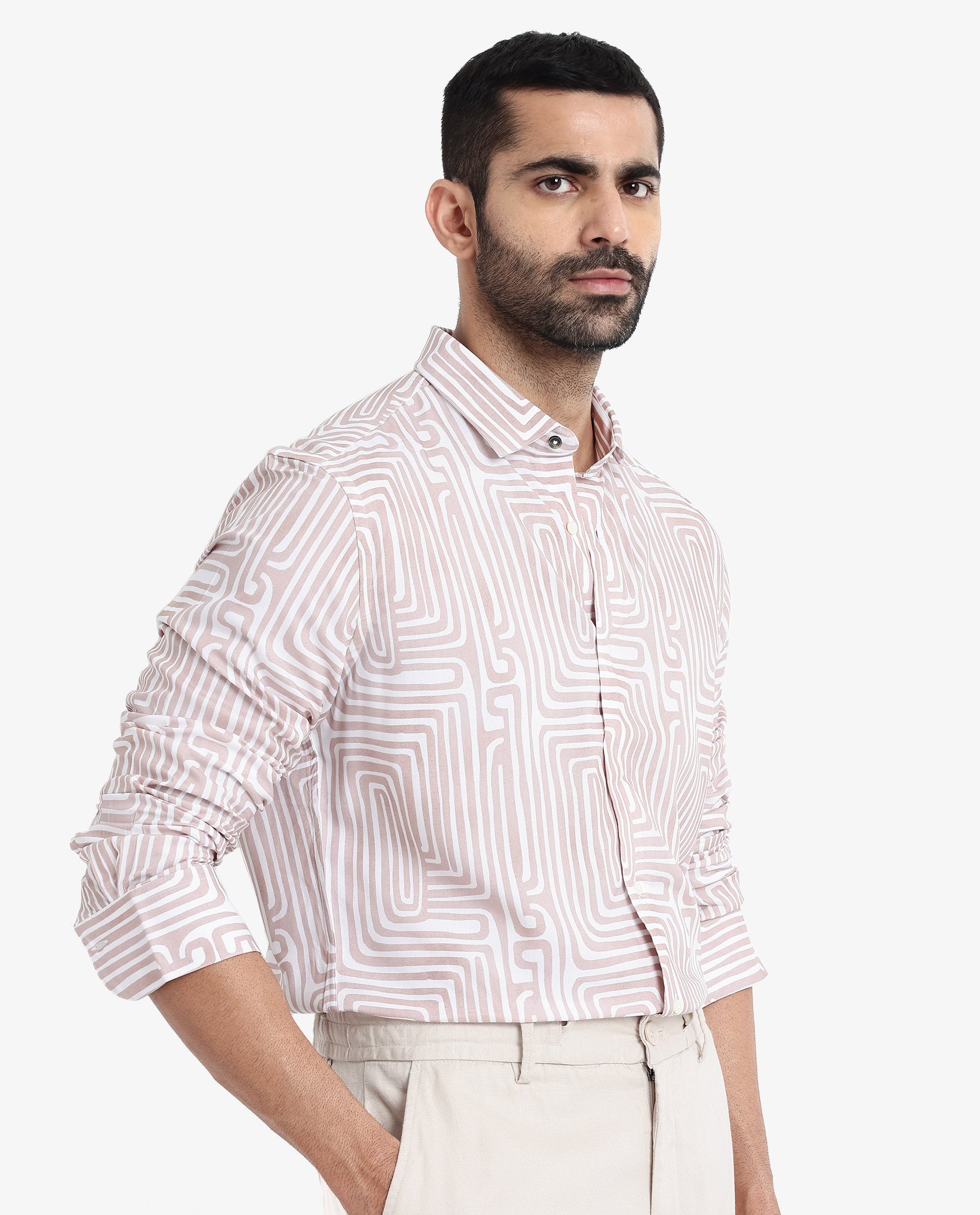 Rare Rabbit Men's Rotary Beige Viscose Fabric Full Sleeves Regular Fit Abstract Print Shirt