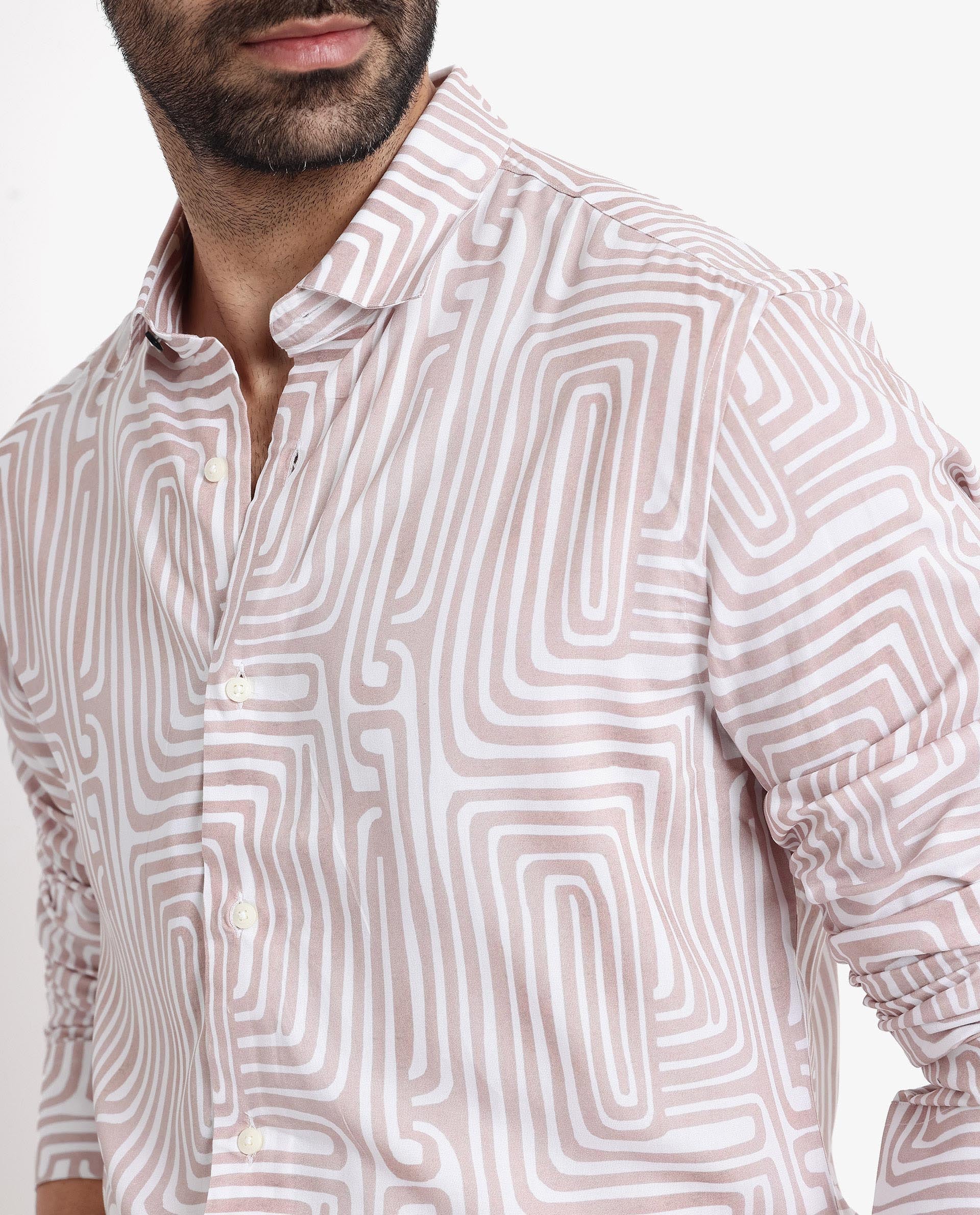 Rare Rabbit Men's Rotary Beige Viscose Fabric Full Sleeves Regular Fit Abstract Print Shirt