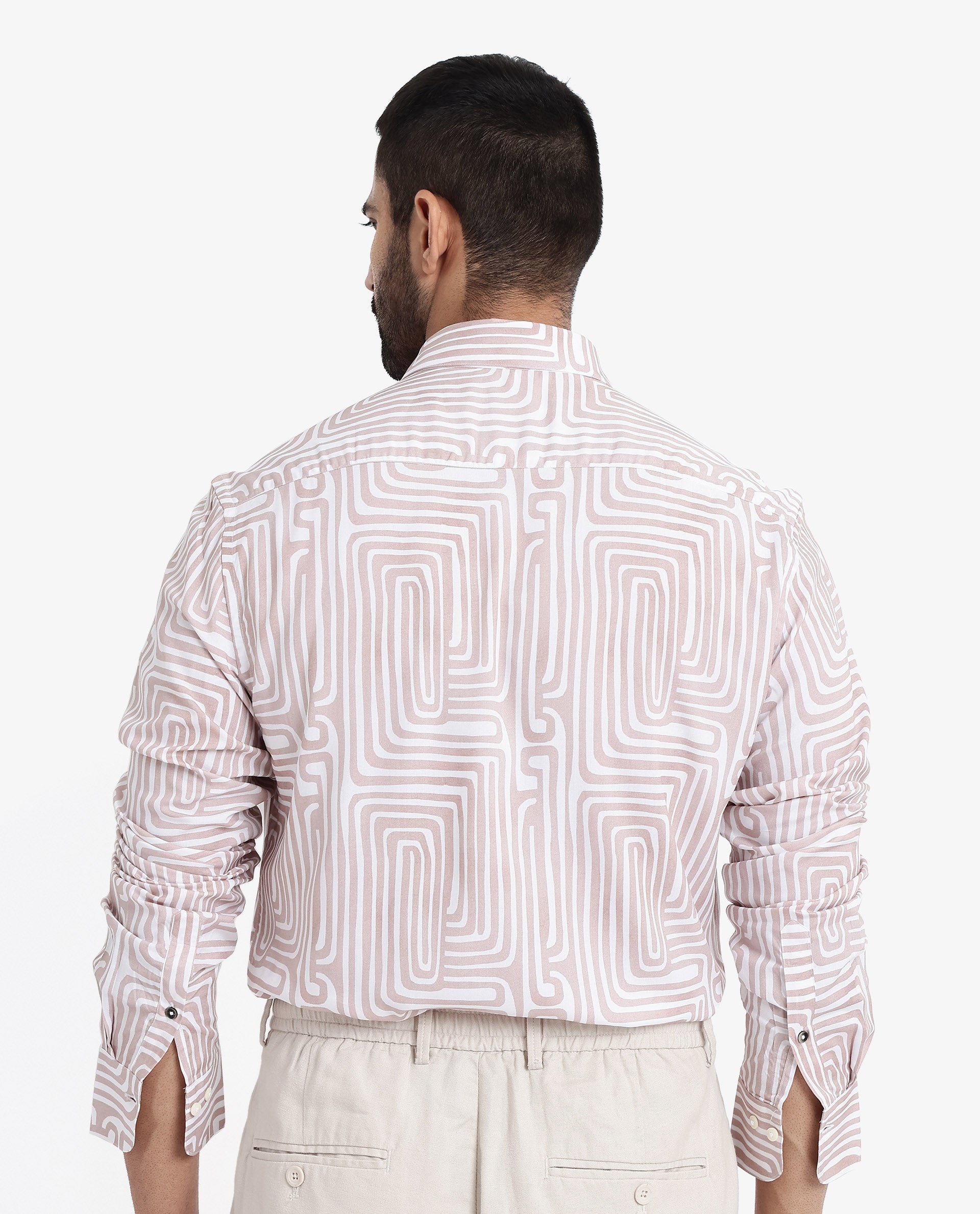 Rare Rabbit Men's Rotary Beige Viscose Fabric Full Sleeves Regular Fit Abstract Print Shirt