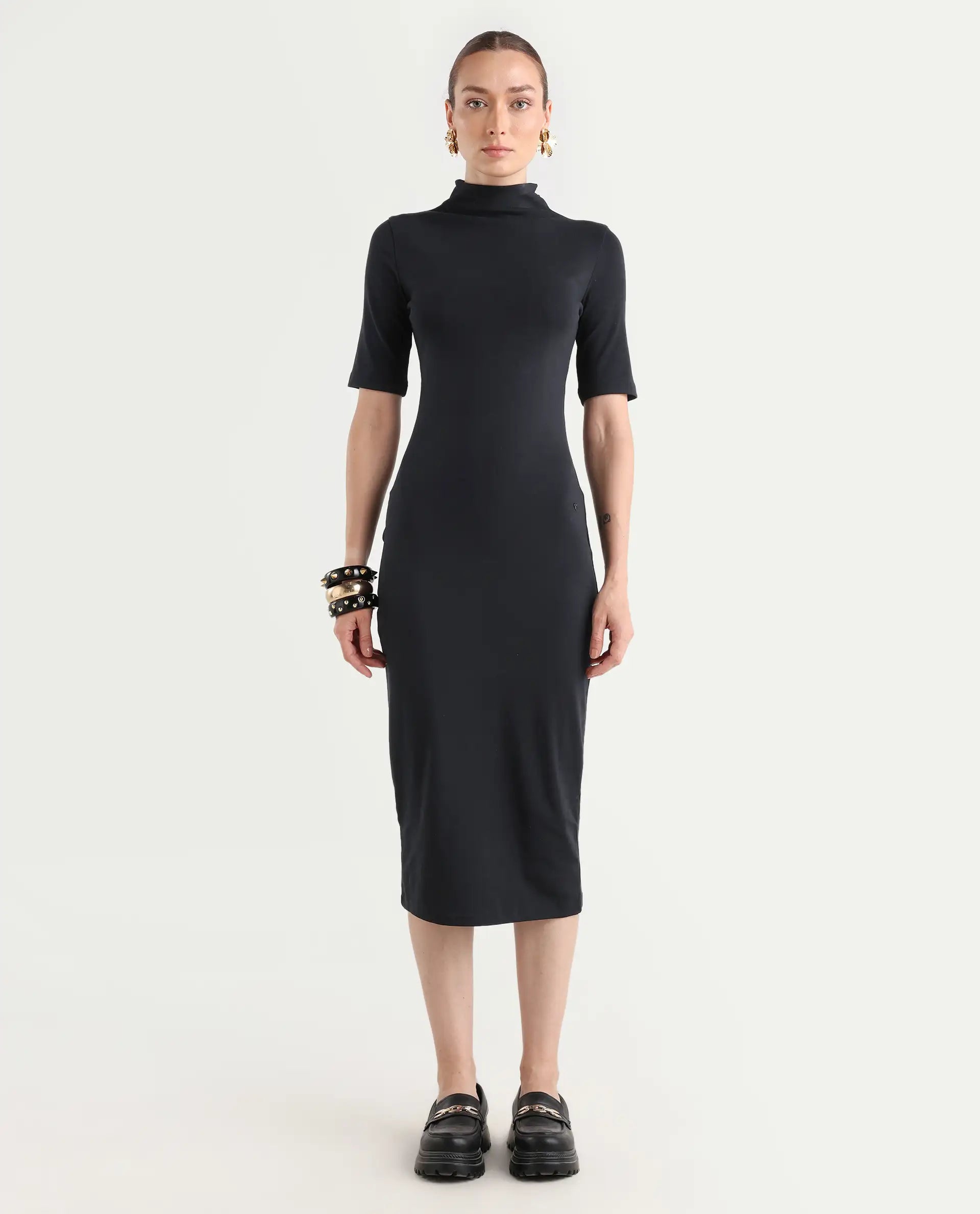 Rareism Women's Rotary Black Cotton Blend High Neck Plain Maxi Slim Fit Dress