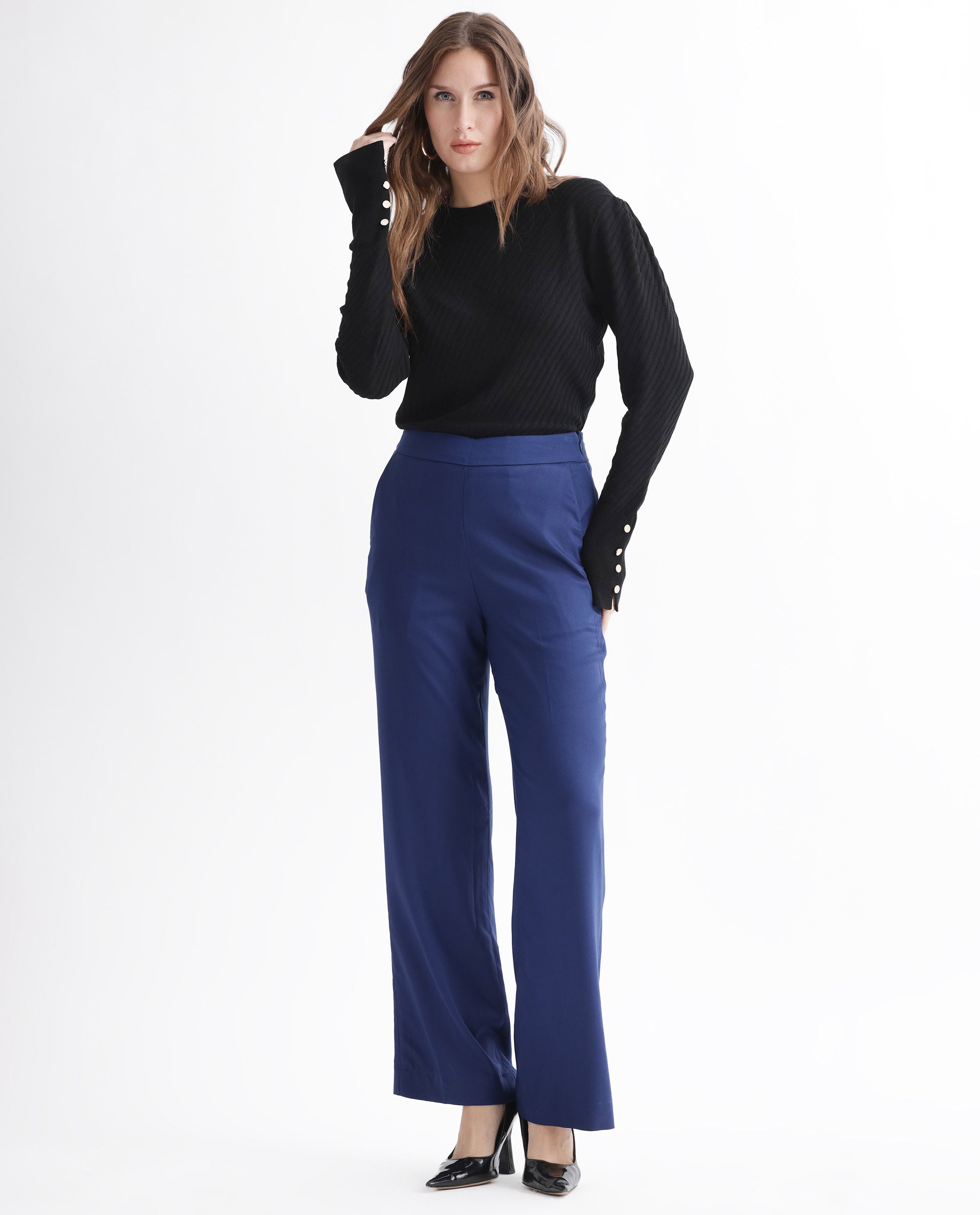 Rareism Women Rotel Navy Polyester Fabric Relaxed Fit Plain Ankle Length Trousers