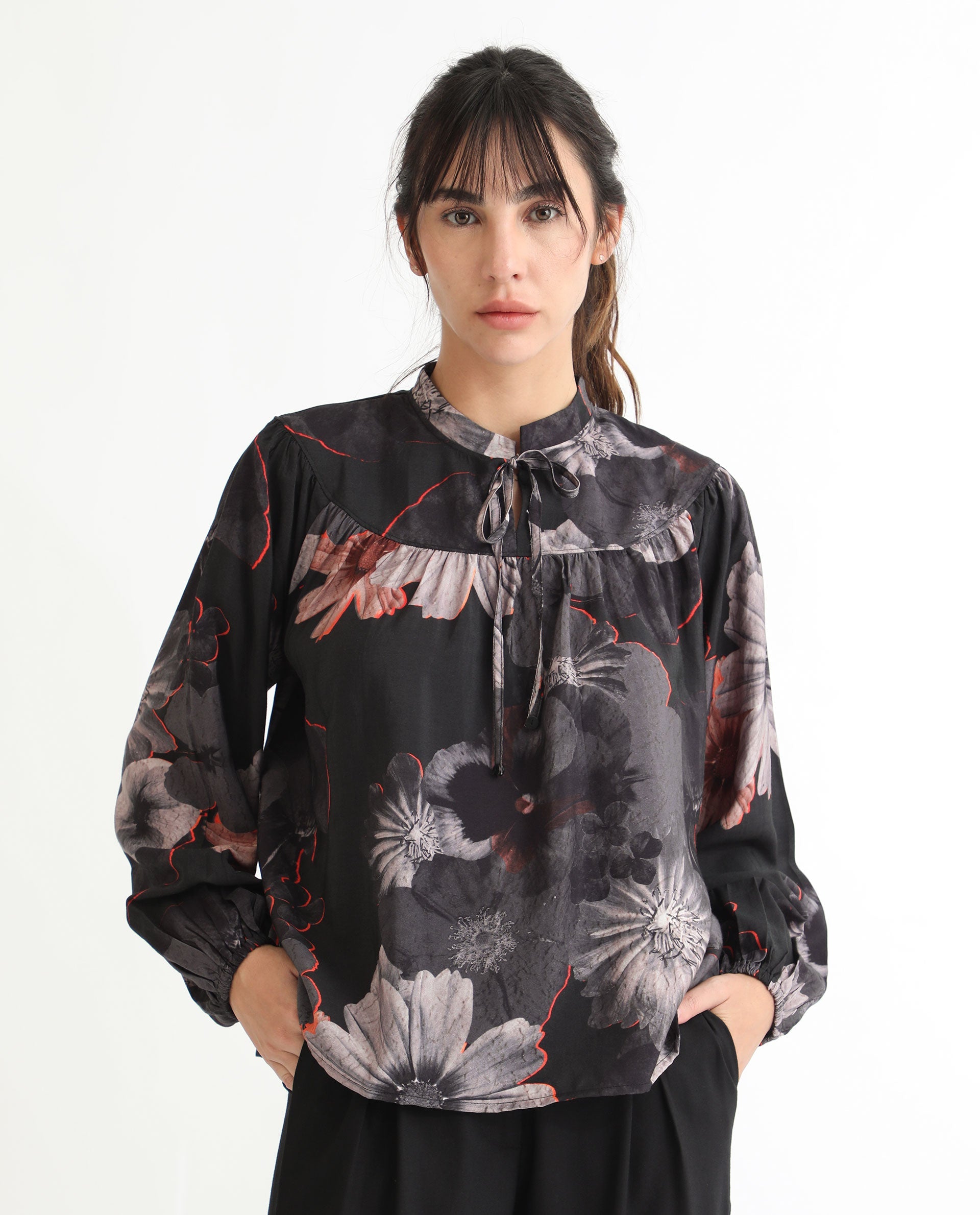 Rareism Women Rothal Black Poly Viscose Fabric Full Sleeves Tie-Up Closure Tie-Up Neck Balloon Sleeve Relaxed Fit Floral Print Blouse Top
