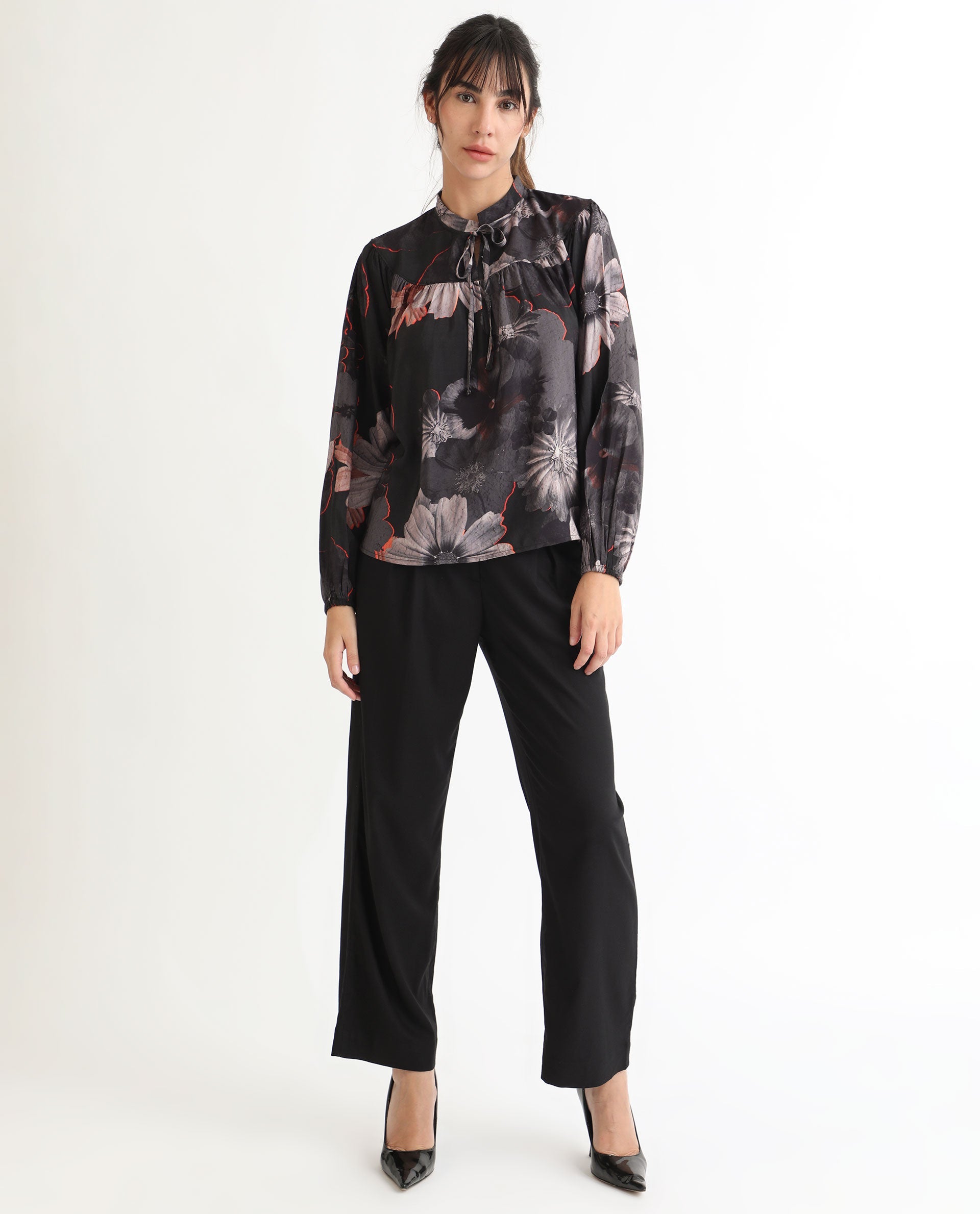 Rareism Women Rothal Black Poly Viscose Fabric Full Sleeves Tie-Up Closure Tie-Up Neck Balloon Sleeve Relaxed Fit Floral Print Blouse Top