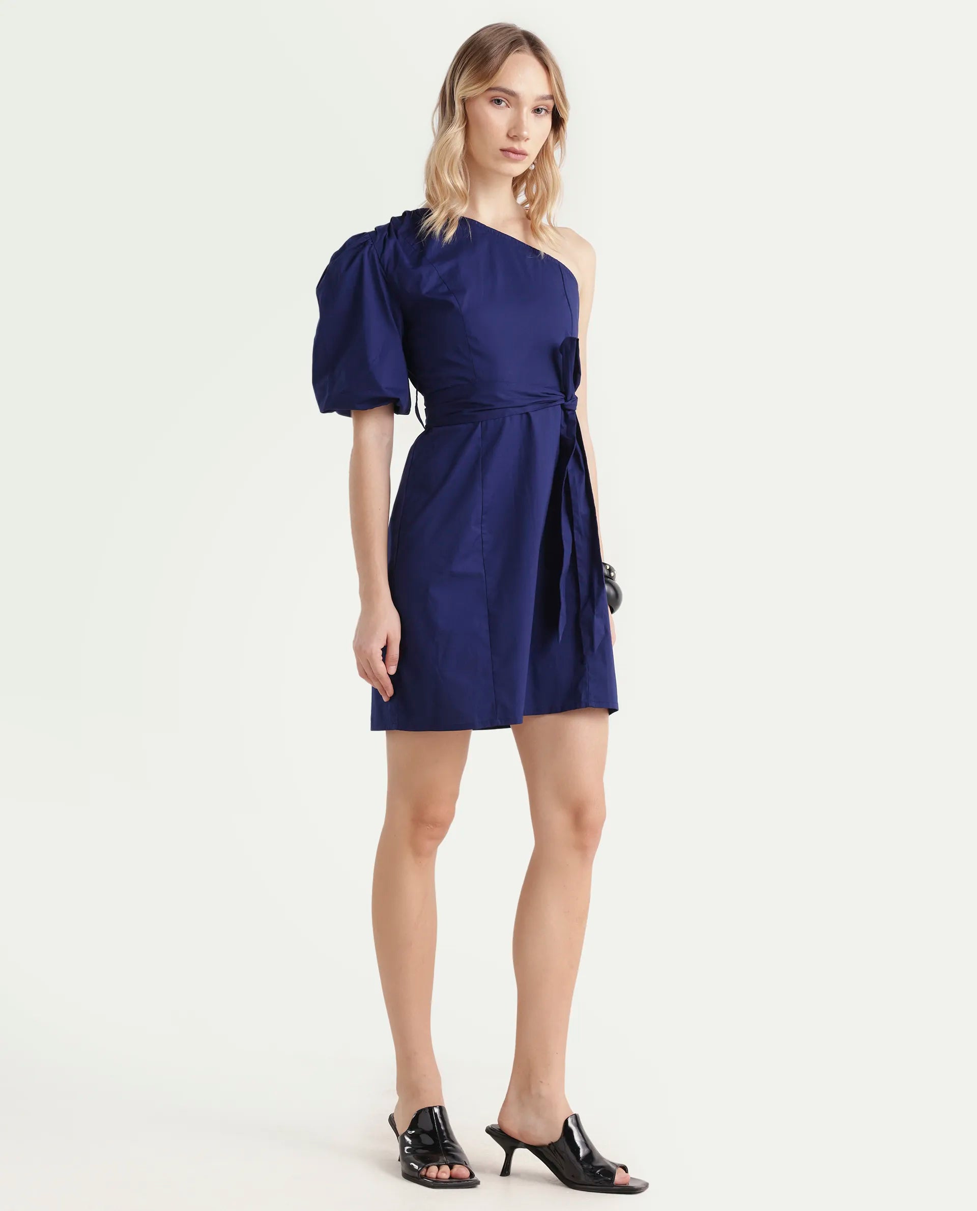 Rareism Women's Rotler Navy Cotton Blend One Shoulder Plain Puff Sleeves Mini Regular Fit Dress