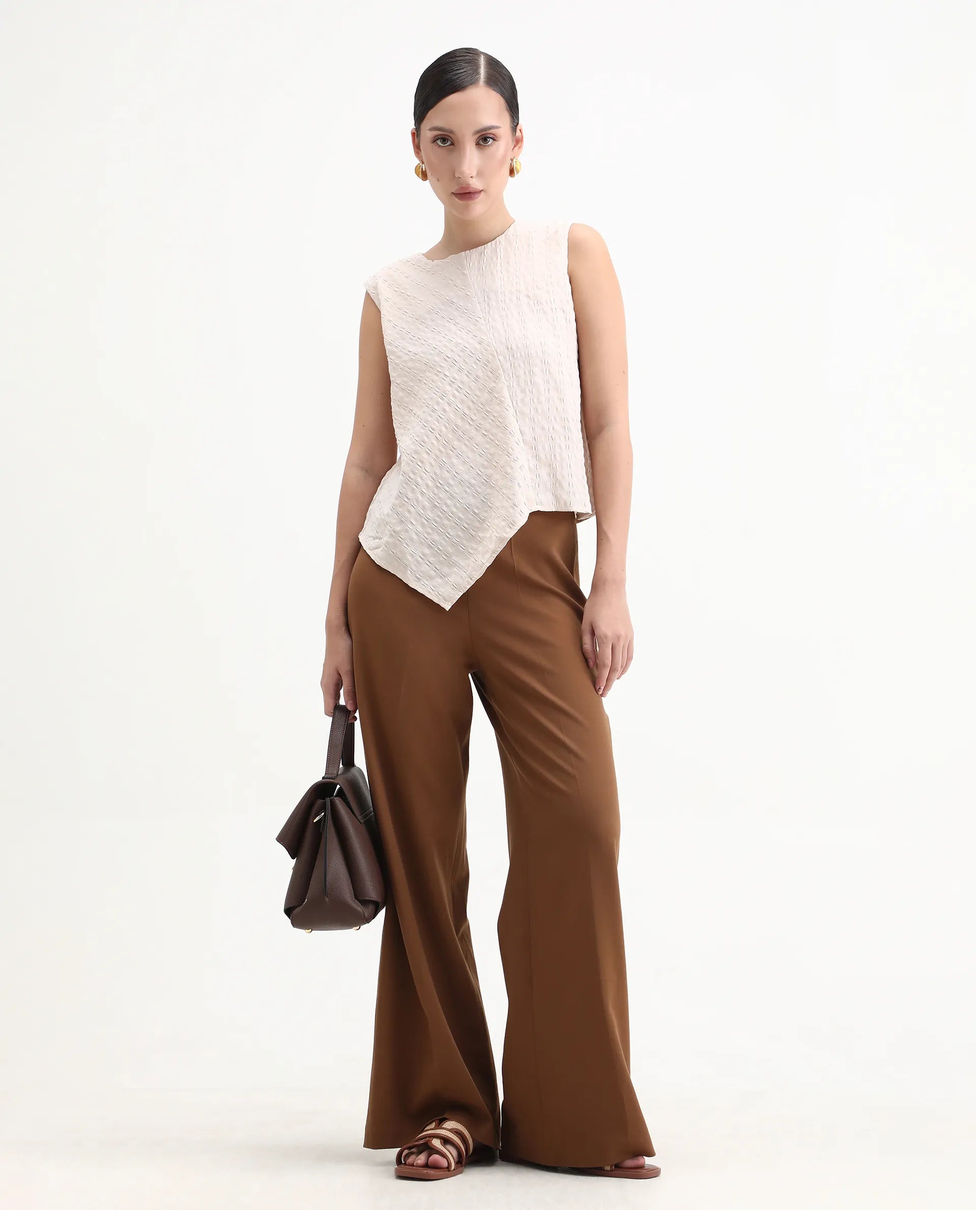 Rareism Women's Roulo Beige Polyester Blend Crew Neck Plain Sleeveless Regular Fit Top