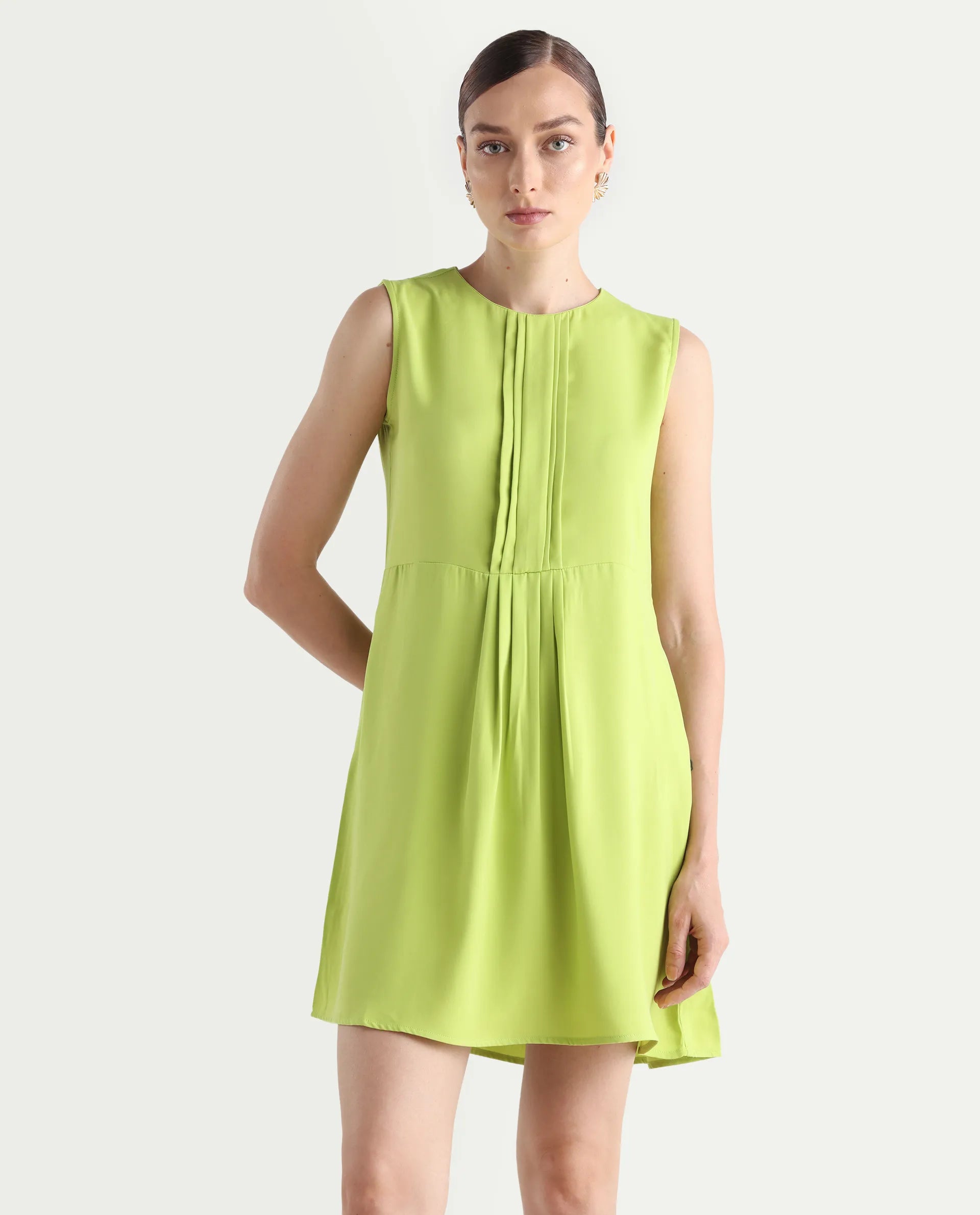 Rareism Women's Roux Green Polyester Blend Crew Neck Plain Sleeveless Mini Fit And Flare Dress