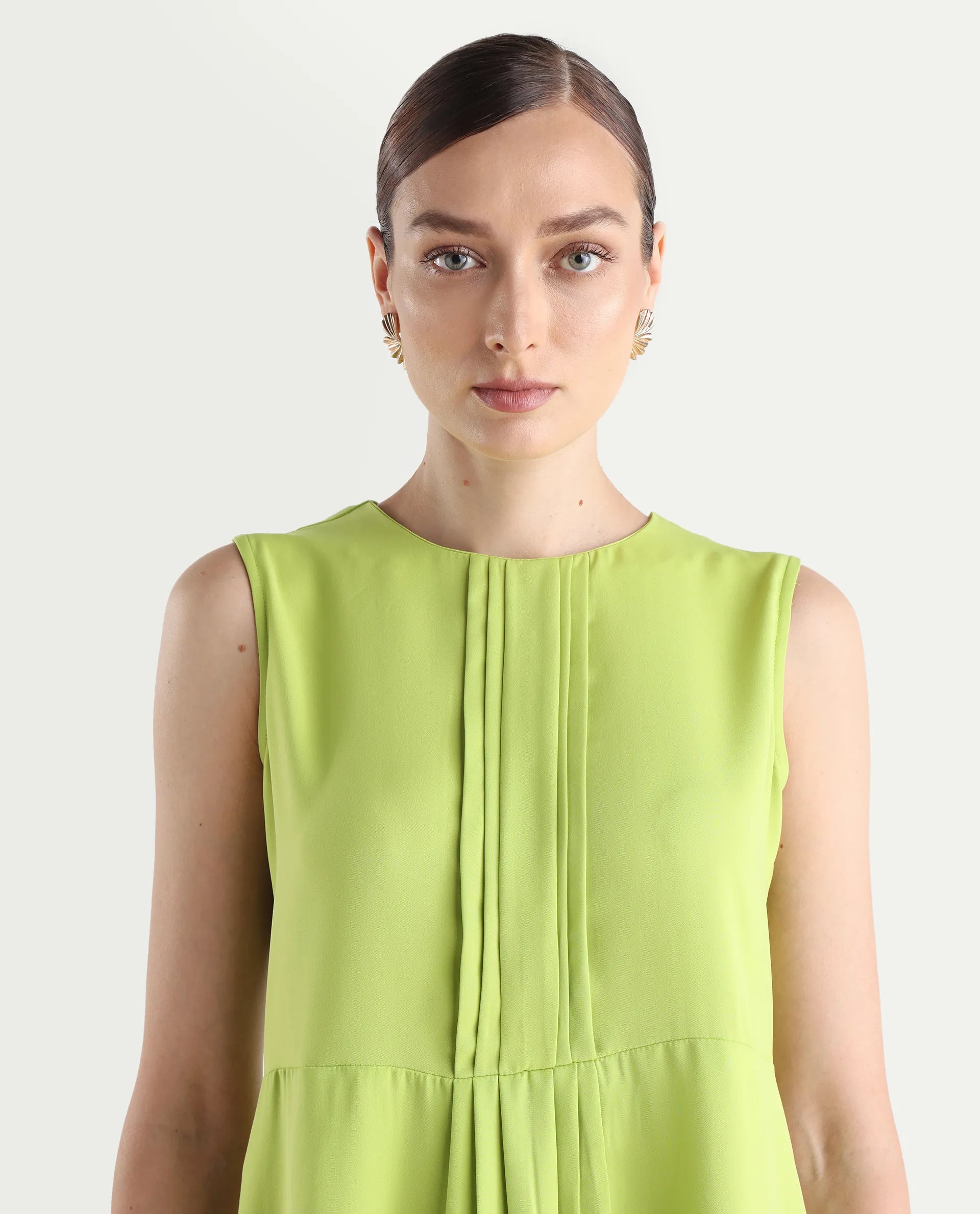 Rareism Women's Roux Green Polyester Blend Crew Neck Plain Sleeveless Mini Fit And Flare Dress