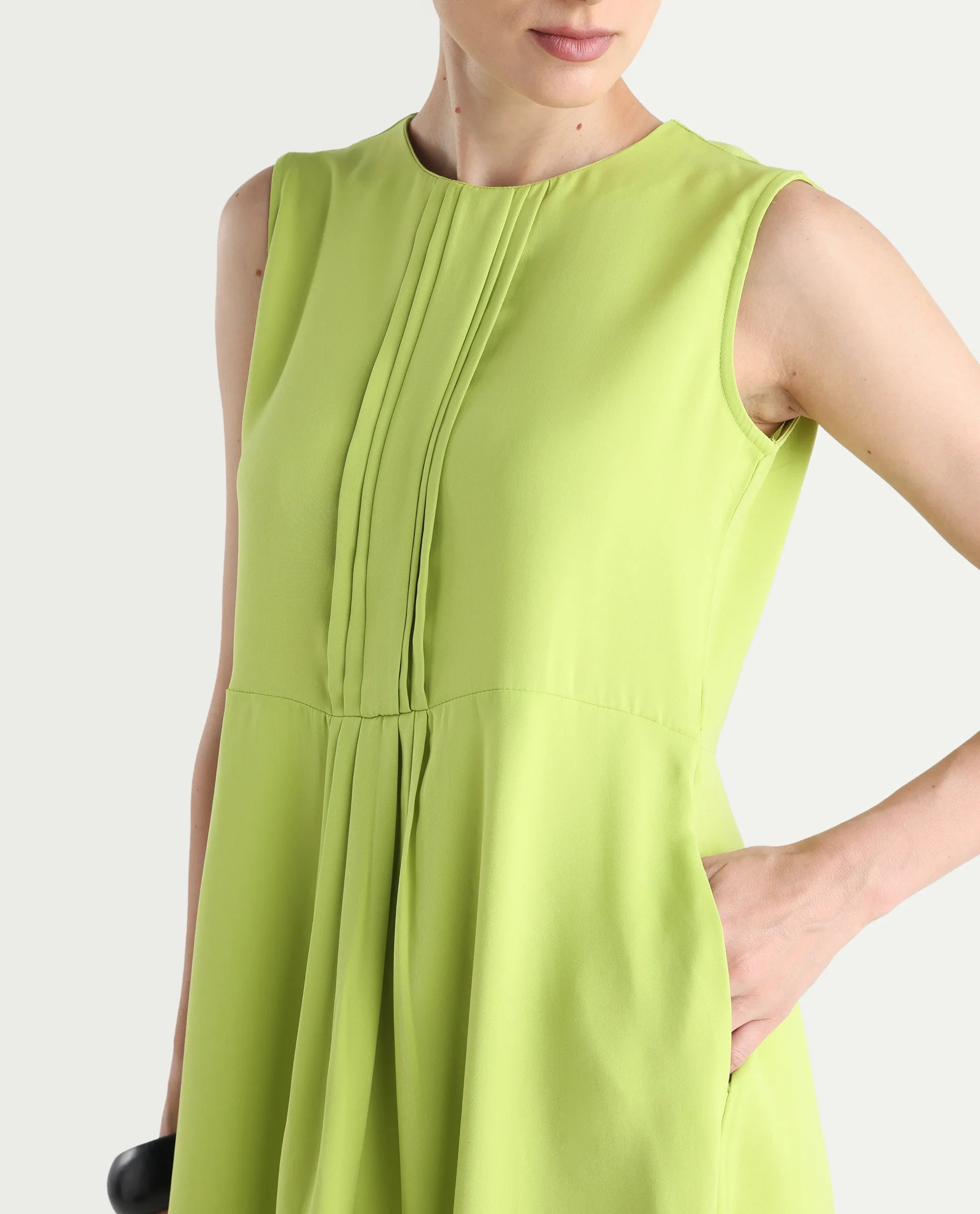 Rareism Women's Roux Green Polyester Blend Crew Neck Plain Sleeveless Mini Fit And Flare Dress