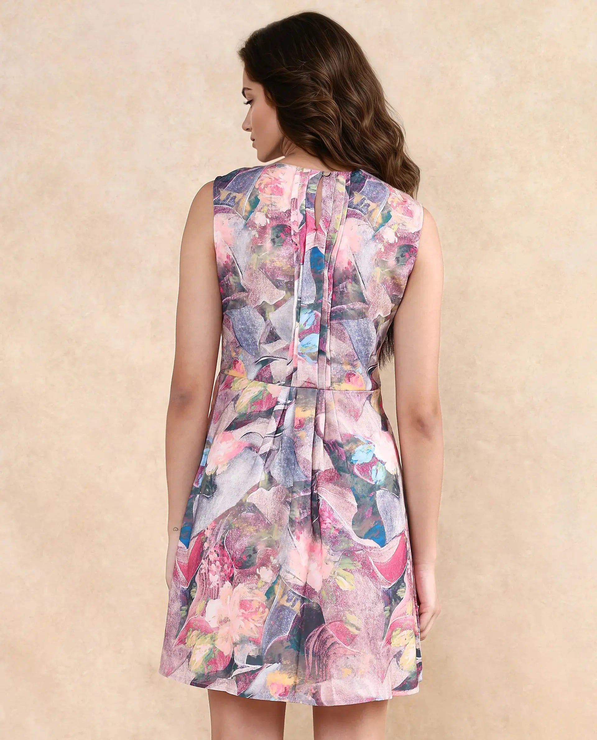 Rareism Women's Rouxi Multi Polyester Blend Fabric Crew Neck Button Closure Sleeveless Abstract Fit And Flare Mini Dress