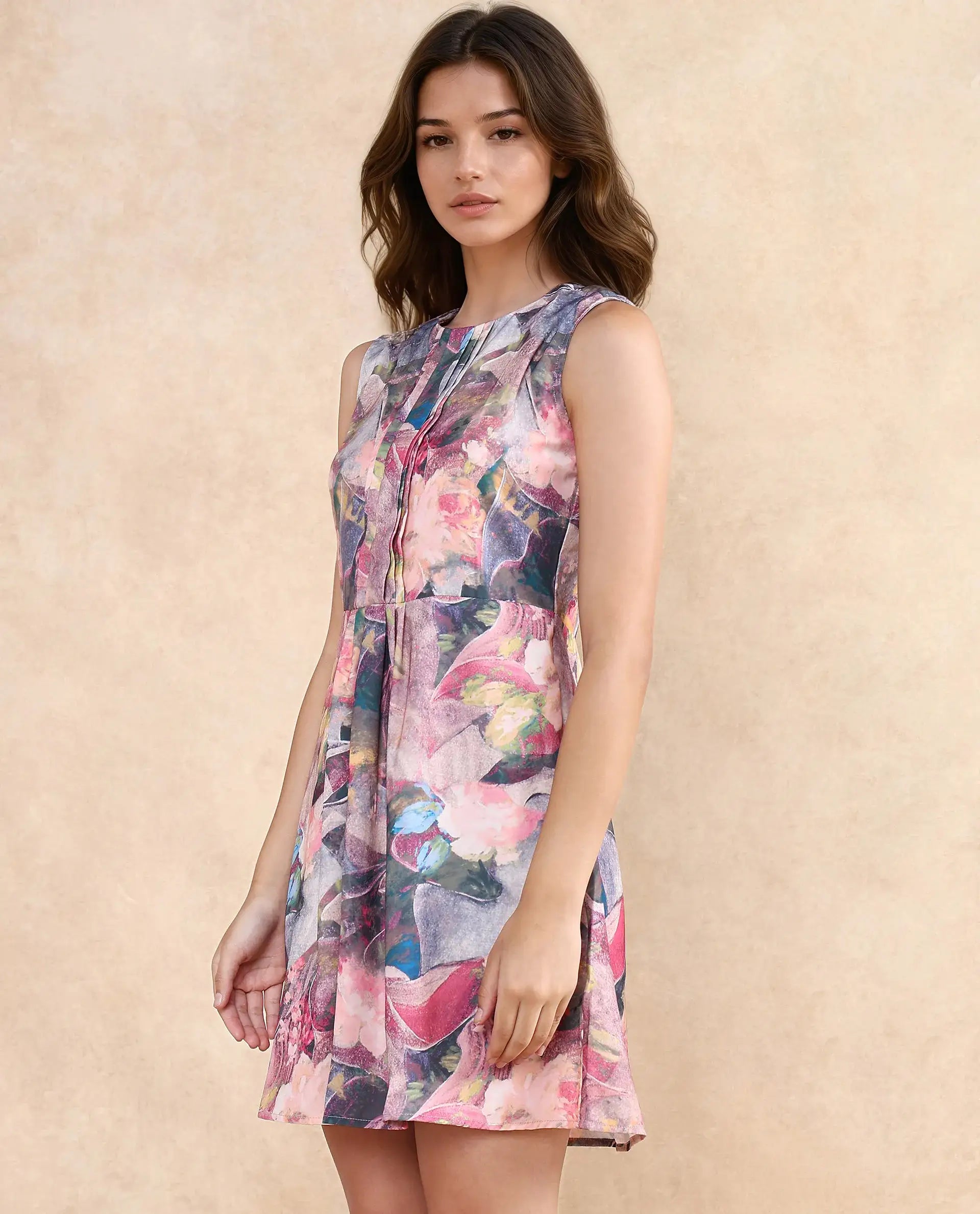 Rareism Women's Rouxi Multi Polyester Blend Fabric Crew Neck Button Closure Sleeveless Abstract Fit And Flare Mini Dress